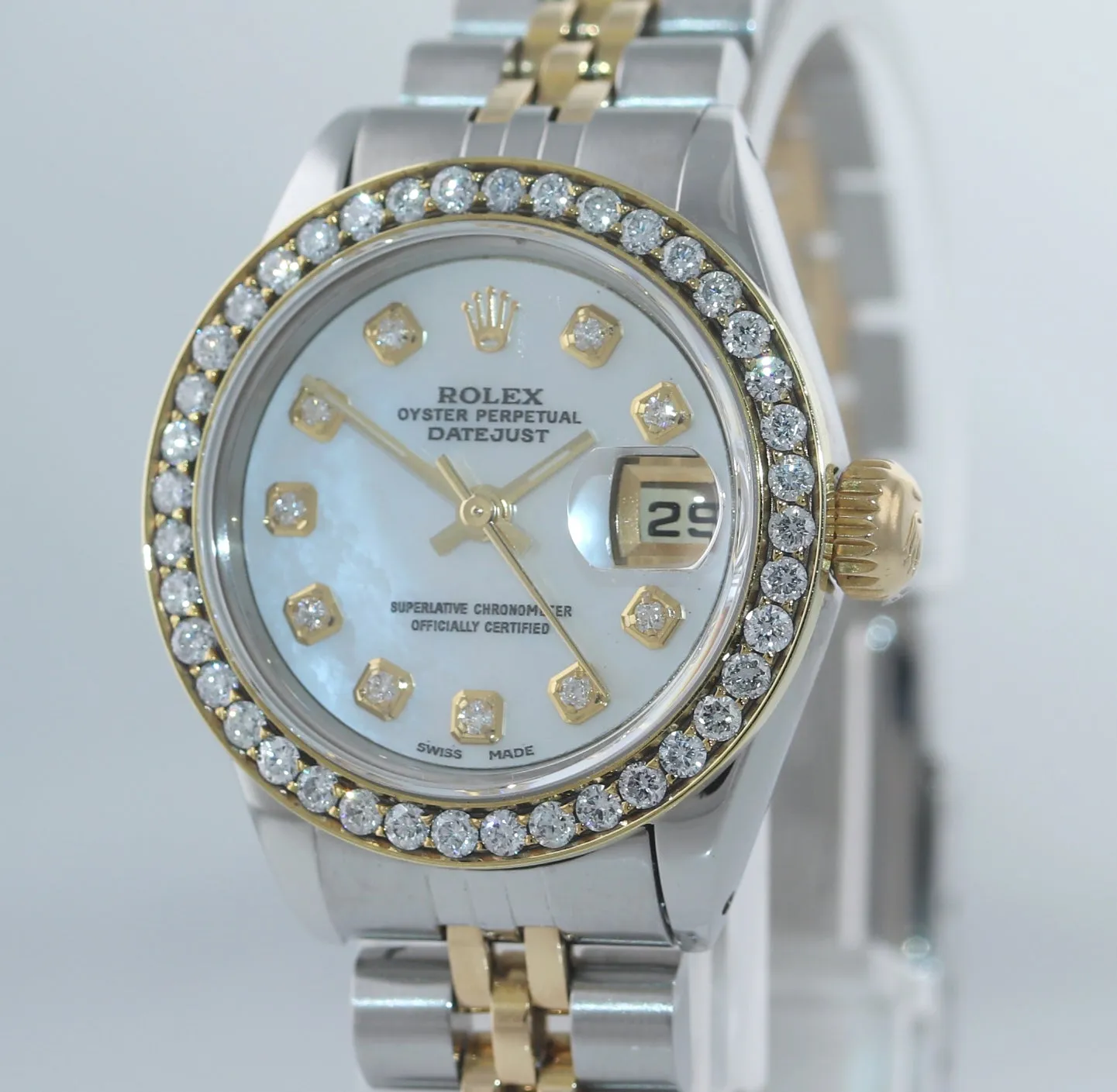 Ladies Rolex DateJust 26mm 69173 Two Tone Gold Steel Diamond MOP Dial Watch Box