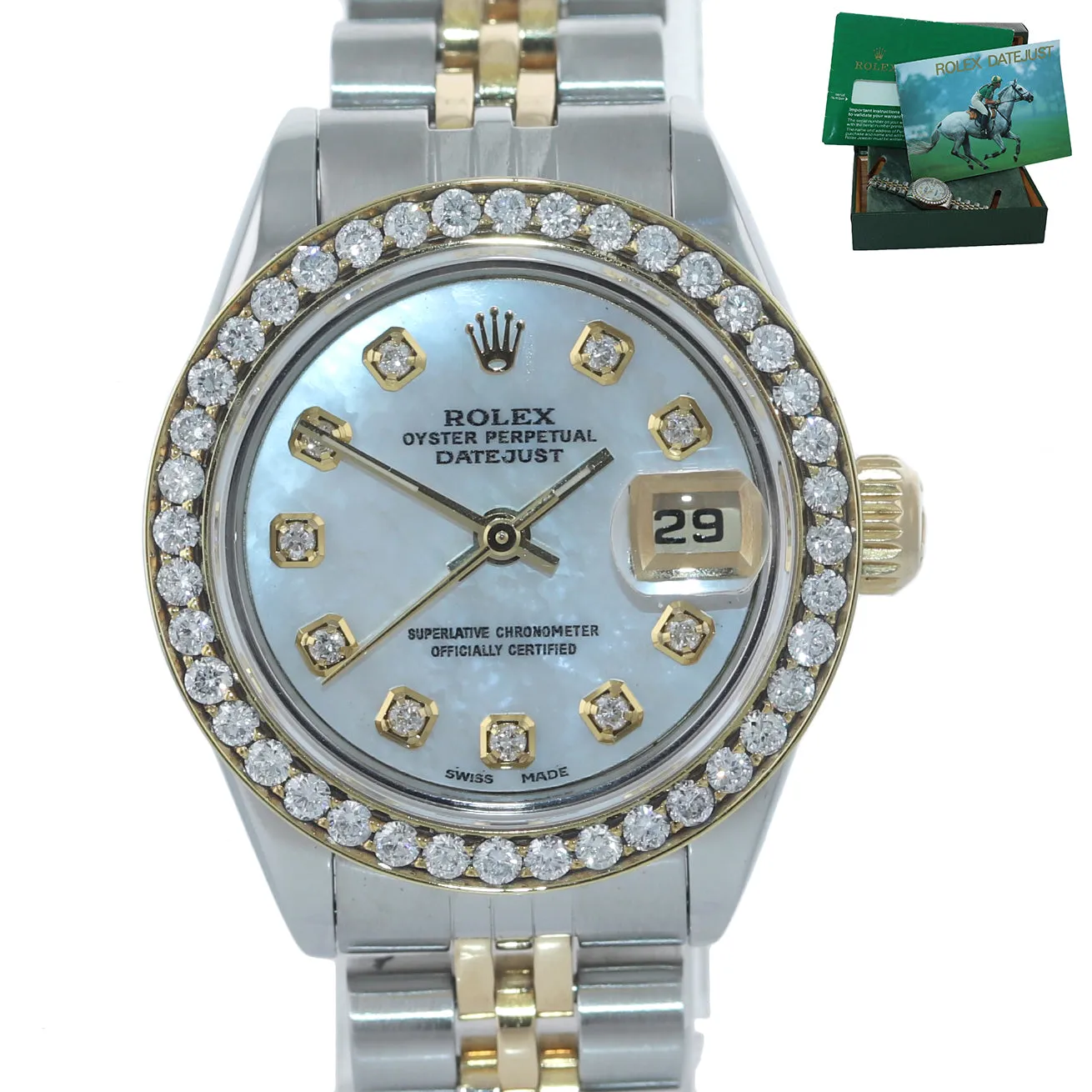 Ladies Rolex DateJust 26mm 69173 Two Tone Gold Steel Diamond MOP Dial Watch Box