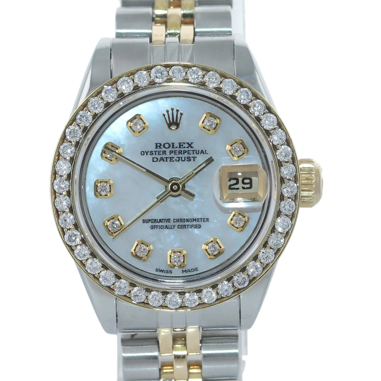 Ladies Rolex DateJust 26mm 69173 Two Tone Gold Steel Diamond MOP Dial Watch Box