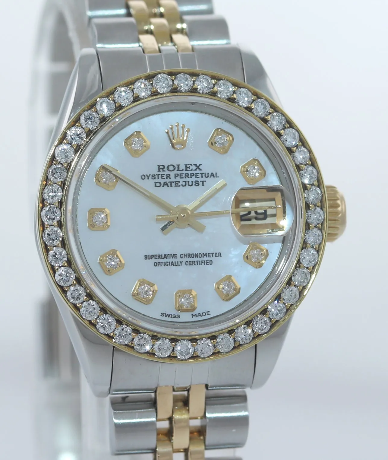 Ladies Rolex DateJust 26mm 69173 Two Tone Gold Steel Diamond MOP Quickset Watch