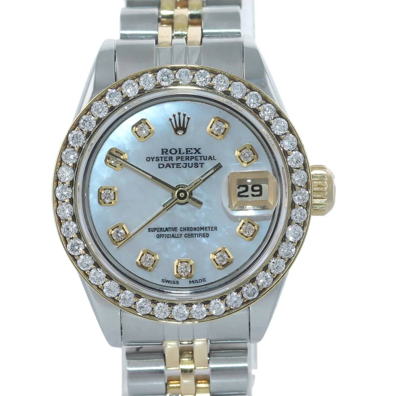 Ladies Rolex DateJust 26mm 69173 Two Tone Gold Steel Diamond MOP Quickset Watch