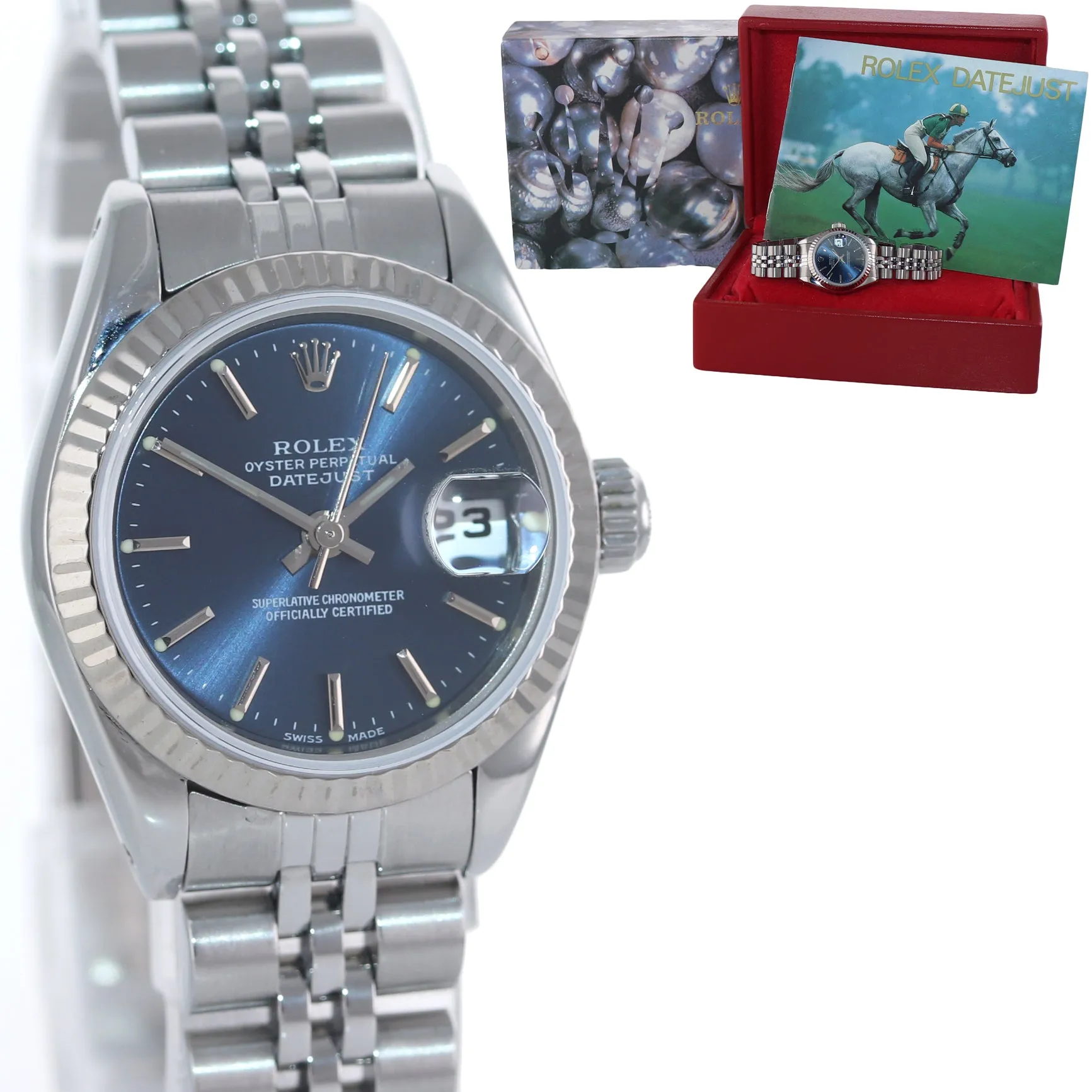 Ladies Rolex DateJust 26mm Blue Stick Fluted Bezel Steel Jubilee Watch 69174