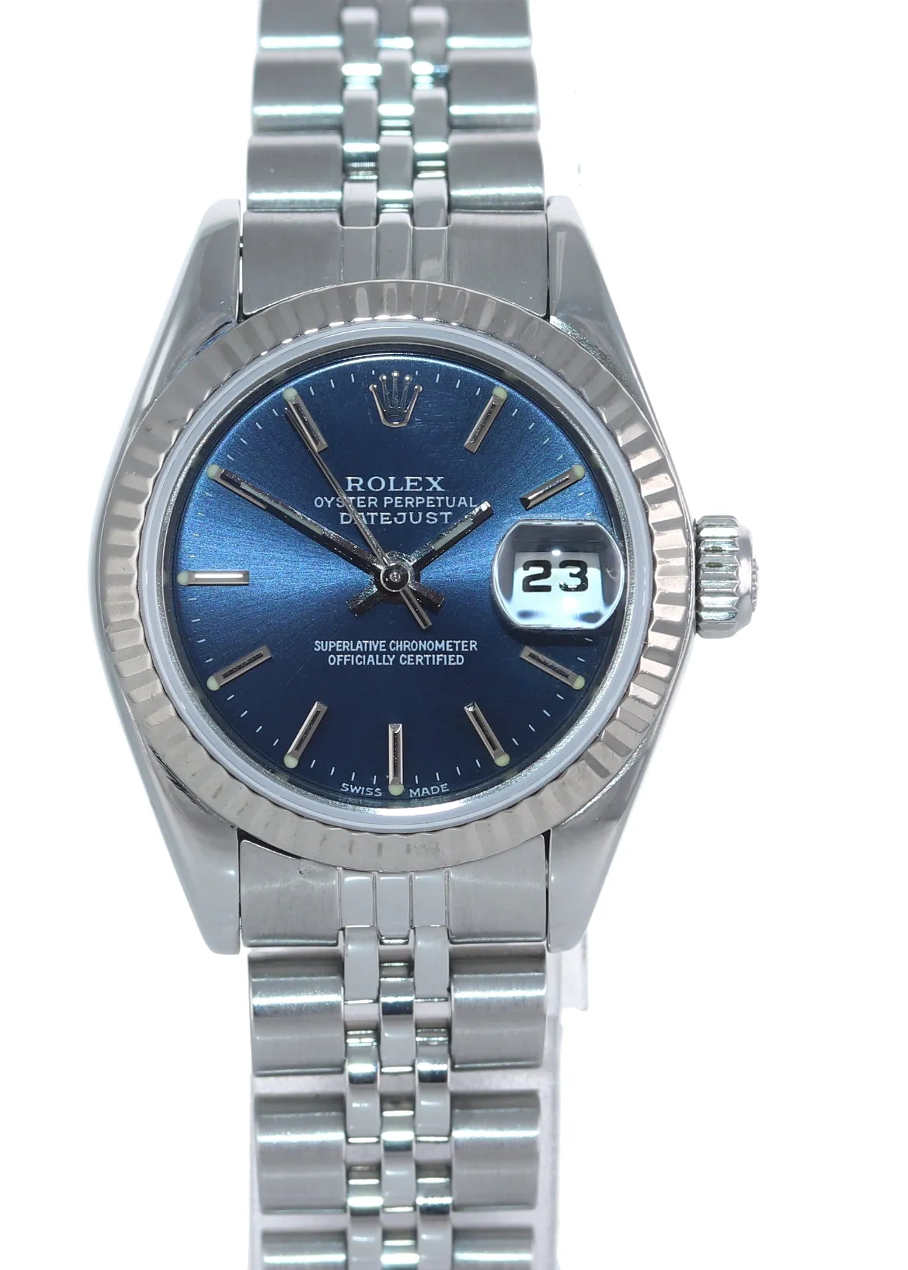 Ladies Rolex DateJust 26mm Blue Stick Fluted Bezel Steel Jubilee Watch 69174