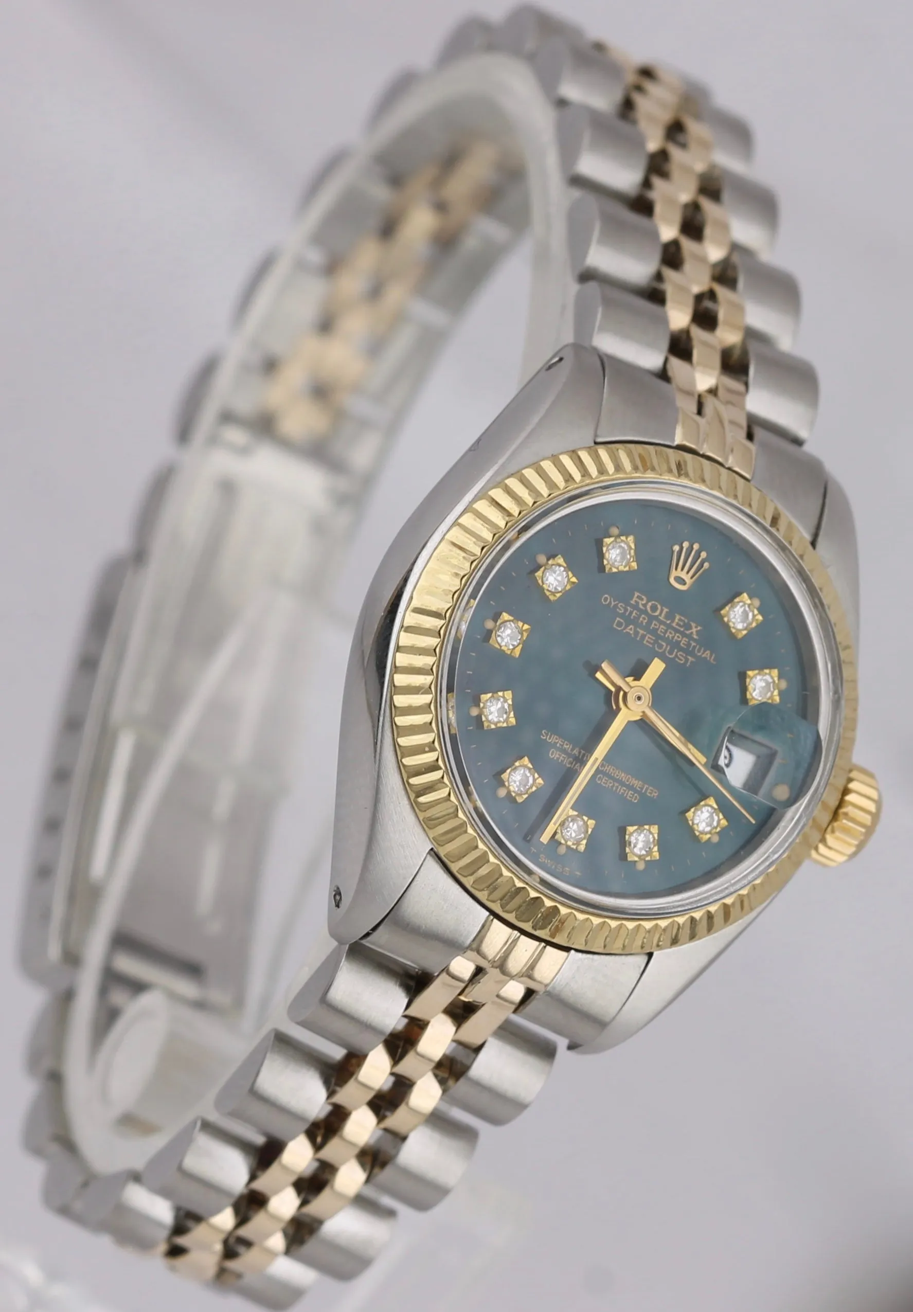 Ladies Rolex DateJust 6916 Green Diamond 26mm Two-Tone Gold Steel Jubilee Watch