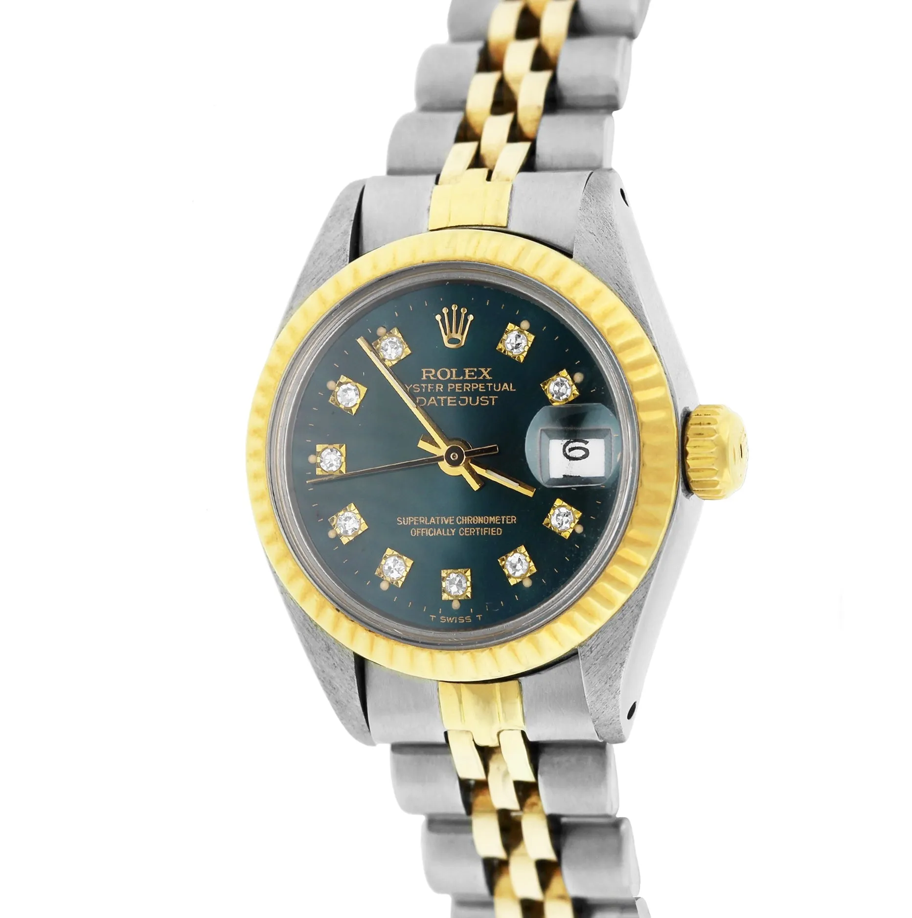 Ladies Rolex DateJust 6916 Green Diamond 26mm Two-Tone Gold Steel Jubilee Watch