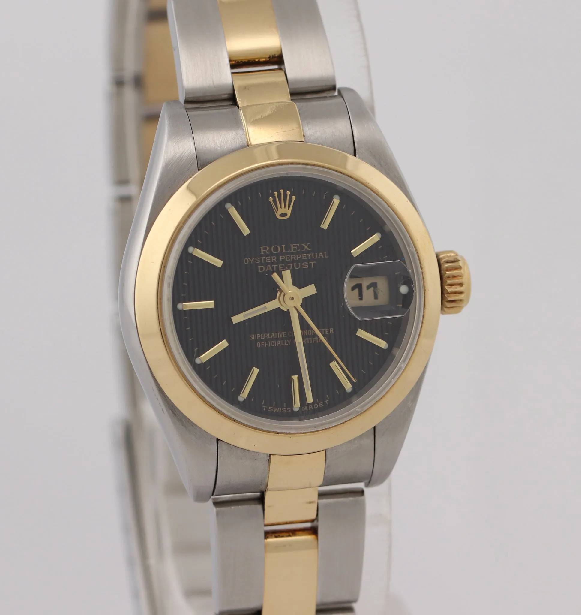 Ladies Rolex DateJust 79163 Steel 18k Gold Two Tone 26mm Tapestry Black Watch N8
