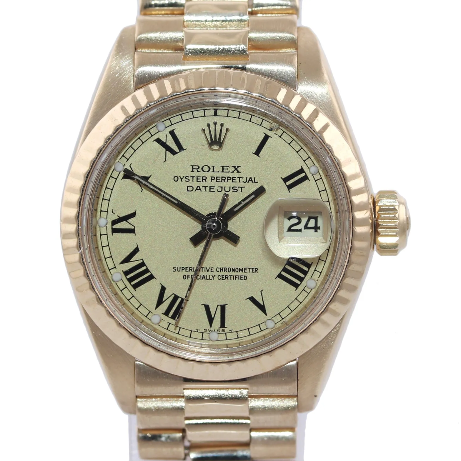Ladies Rolex DateJust President 26mm Champagne Roman 6917 18k Yellow Watch Box