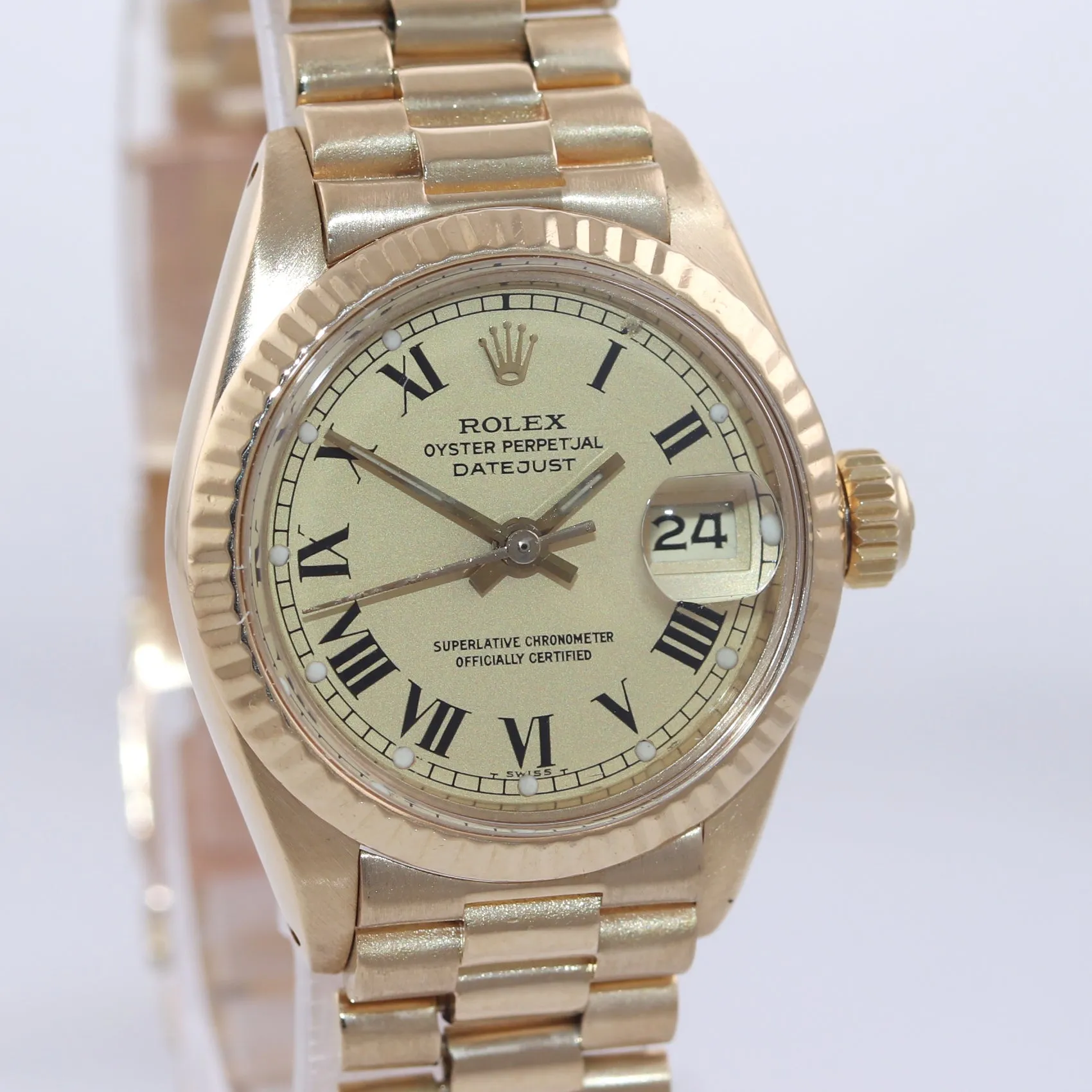 Ladies Rolex DateJust President 26mm Champagne Roman 6917 18k Yellow Watch Box