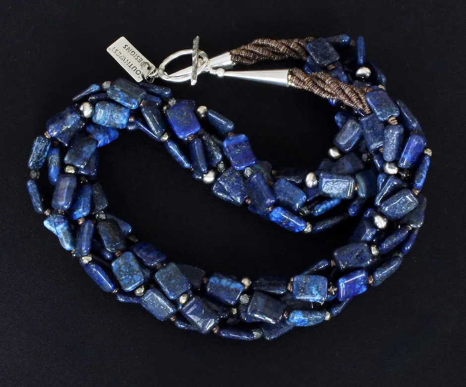 Lapis Lazuli Rectangles 5-Strand Twist Necklace with Oxidized Sterling Silver Rounds, Smoky Quartz, Czech Fire Polished Glass, and Sterling Silver Cones & Toggle Clasp