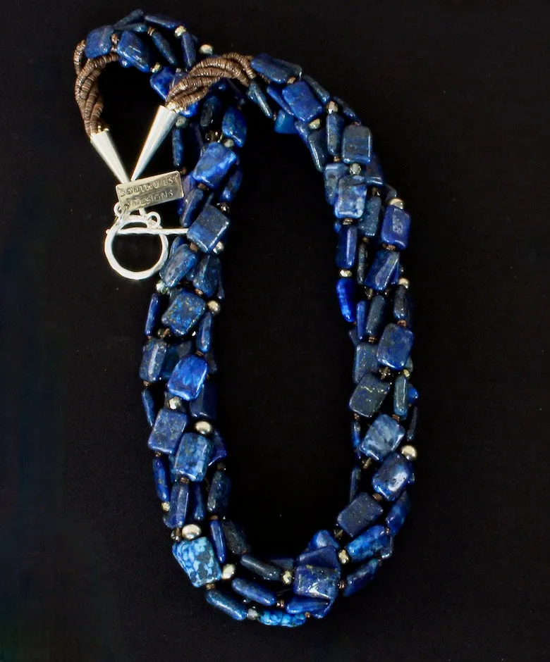 Lapis Lazuli Rectangles 5-Strand Twist Necklace with Oxidized Sterling Silver Rounds, Smoky Quartz, Czech Fire Polished Glass, and Sterling Silver Cones & Toggle Clasp
