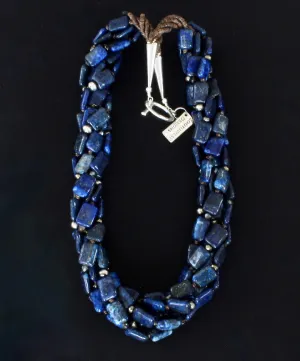 Lapis Lazuli Rectangles 5-Strand Twist Necklace with Oxidized Sterling Silver Rounds, Smoky Quartz, Czech Fire Polished Glass, and Sterling Silver Cones & Toggle Clasp