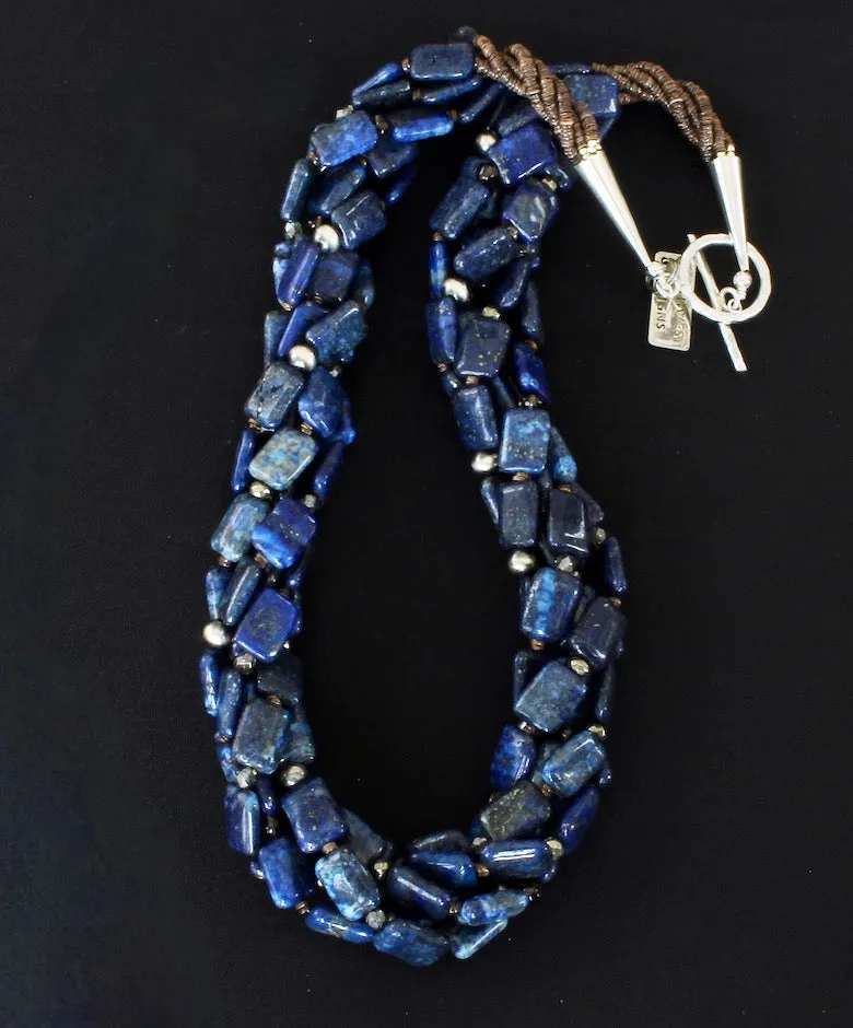 Lapis Lazuli Rectangles 5-Strand Twist Necklace with Oxidized Sterling Silver Rounds, Smoky Quartz, Czech Fire Polished Glass, and Sterling Silver Cones & Toggle Clasp