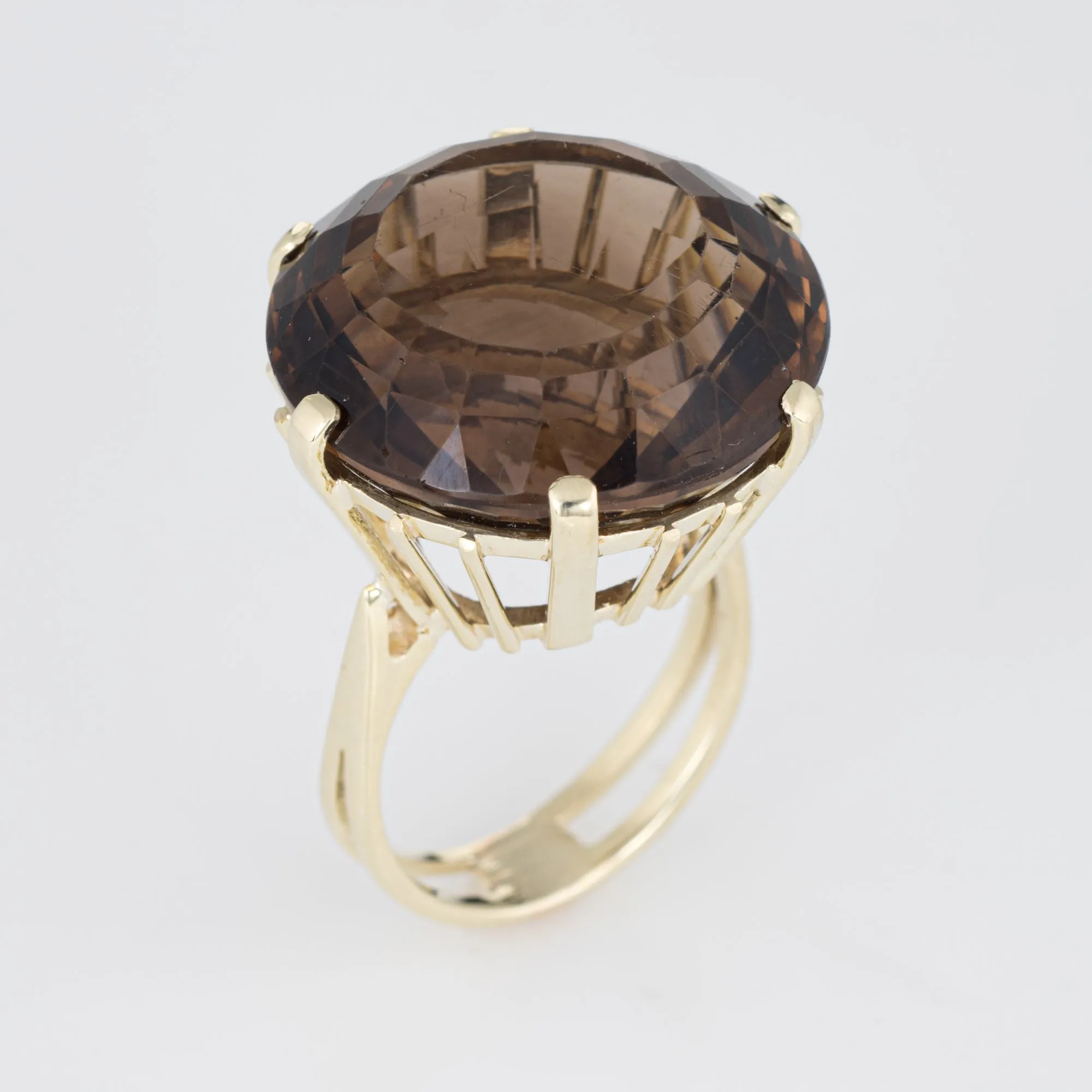 Large 30ct Smoky Quartz Cocktail Ring Vintage 14k Yellow Gold Estate Jewelry