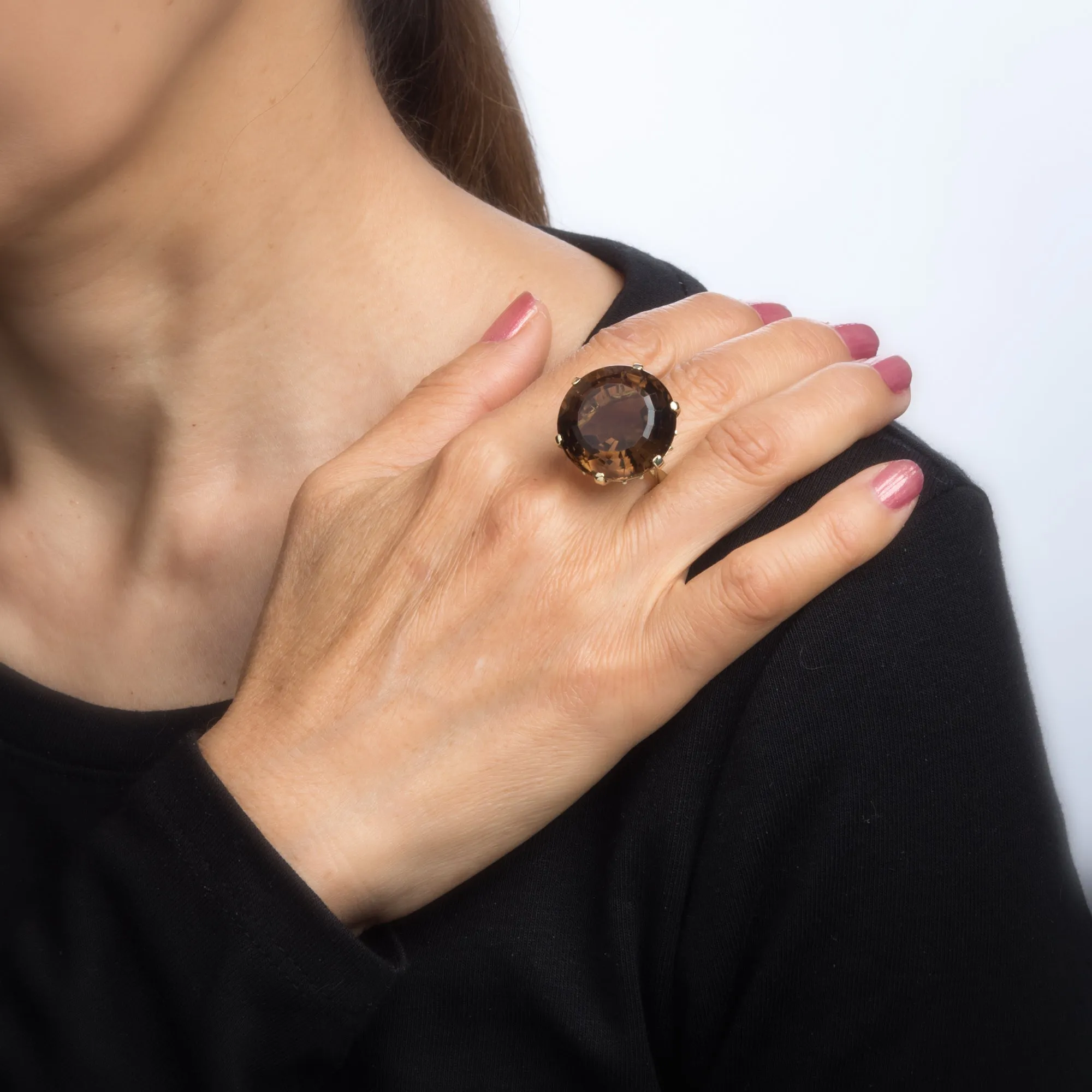 Large 30ct Smoky Quartz Cocktail Ring Vintage 14k Yellow Gold Estate Jewelry