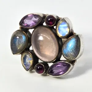 Large gemstone quartz, labradorite, moonstone, amethyst sterling silver ring size 6