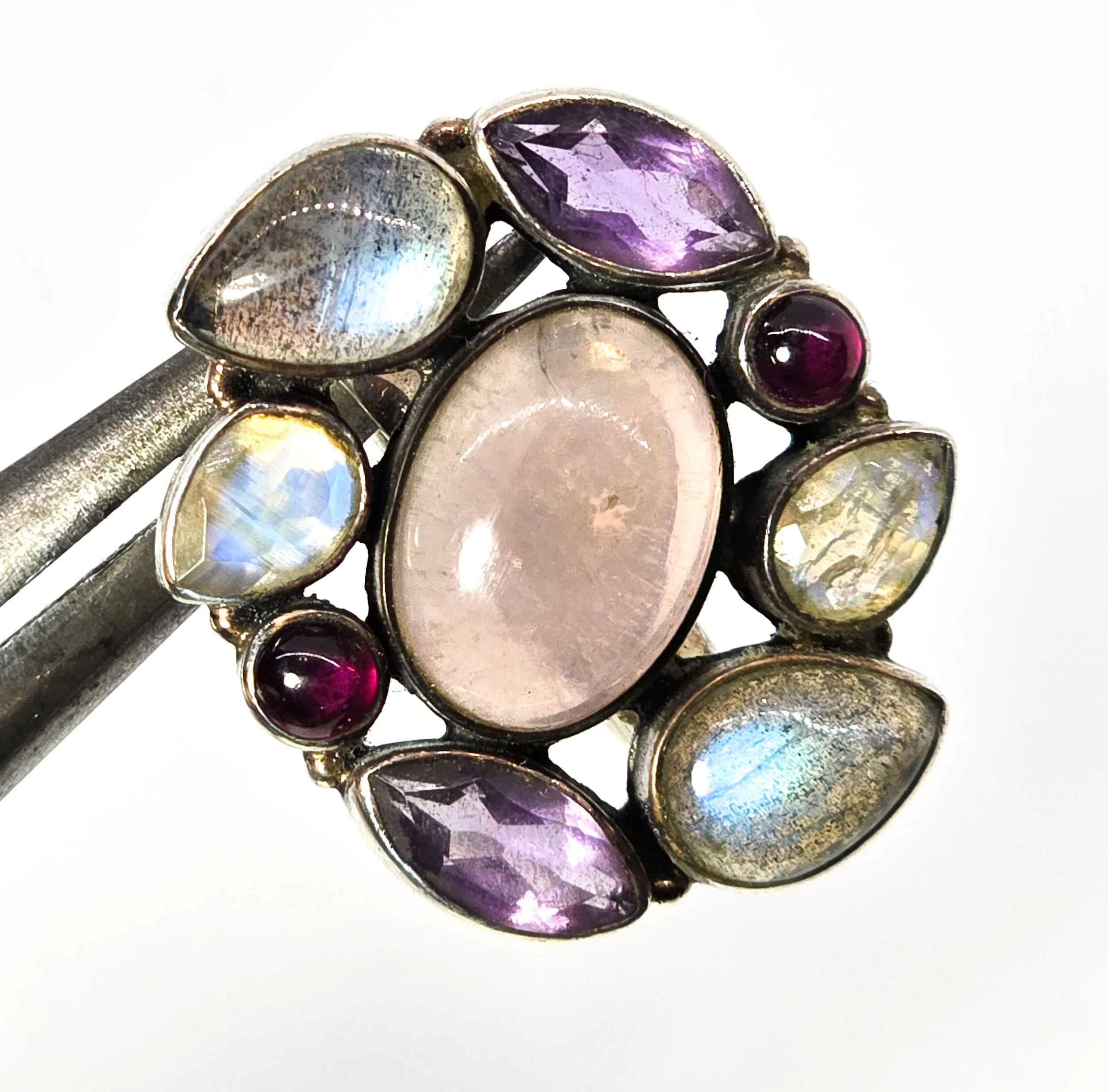 Large gemstone quartz, labradorite, moonstone, amethyst sterling silver ring size 6