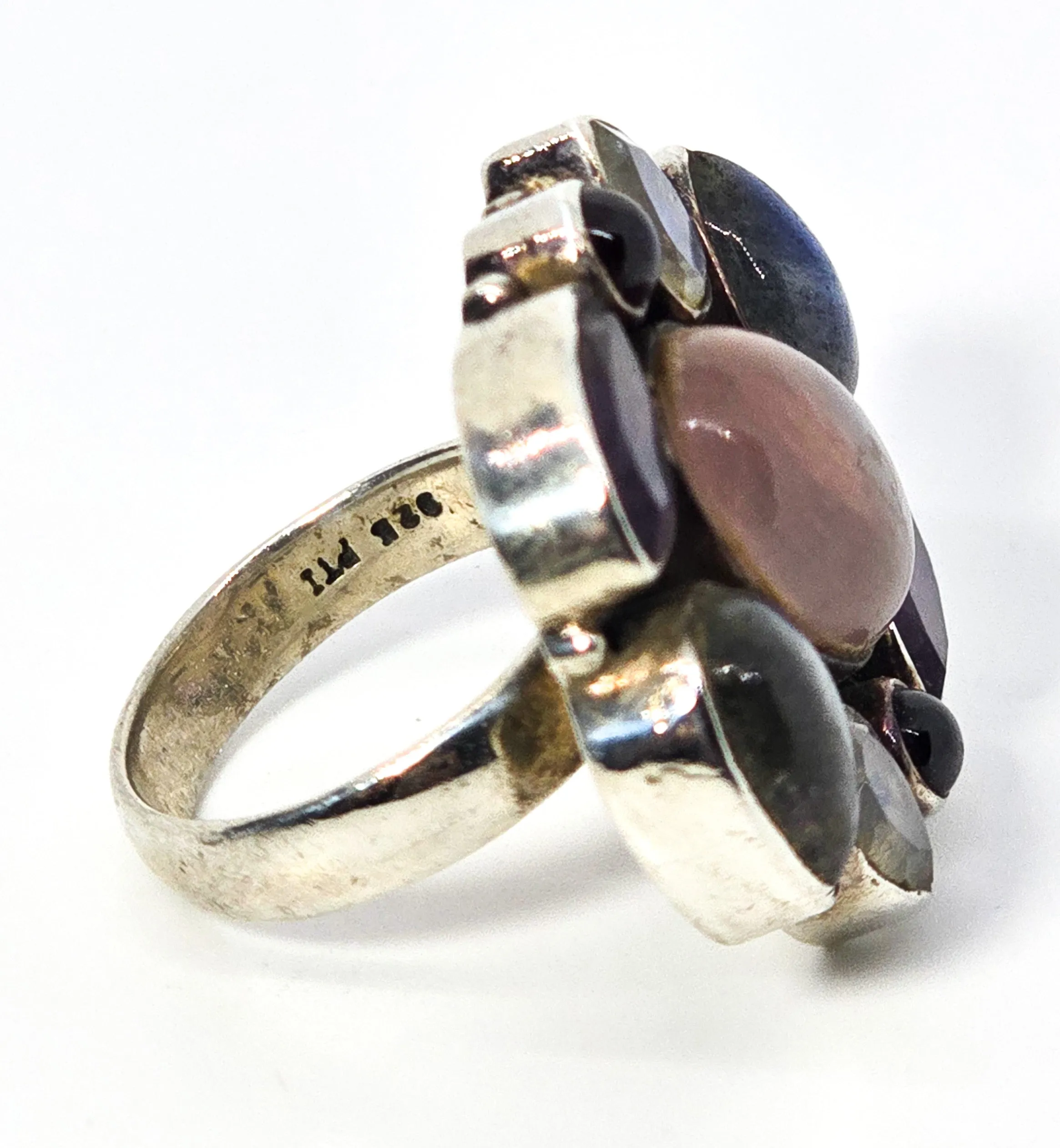 Large gemstone quartz, labradorite, moonstone, amethyst sterling silver ring size 6