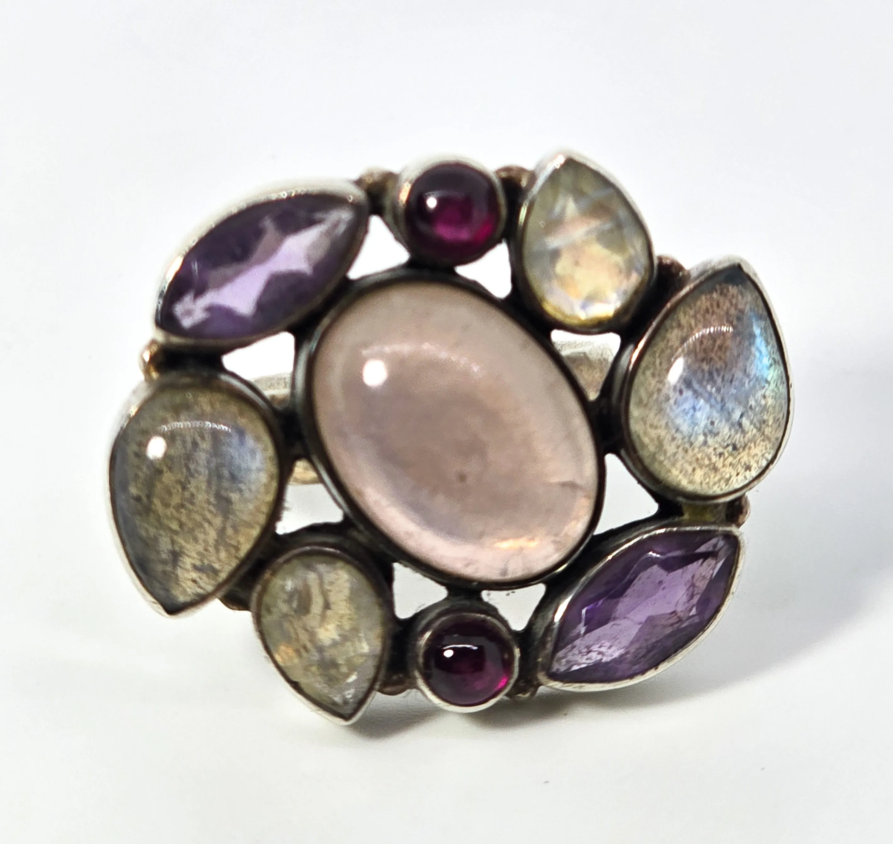 Large gemstone quartz, labradorite, moonstone, amethyst sterling silver ring size 6