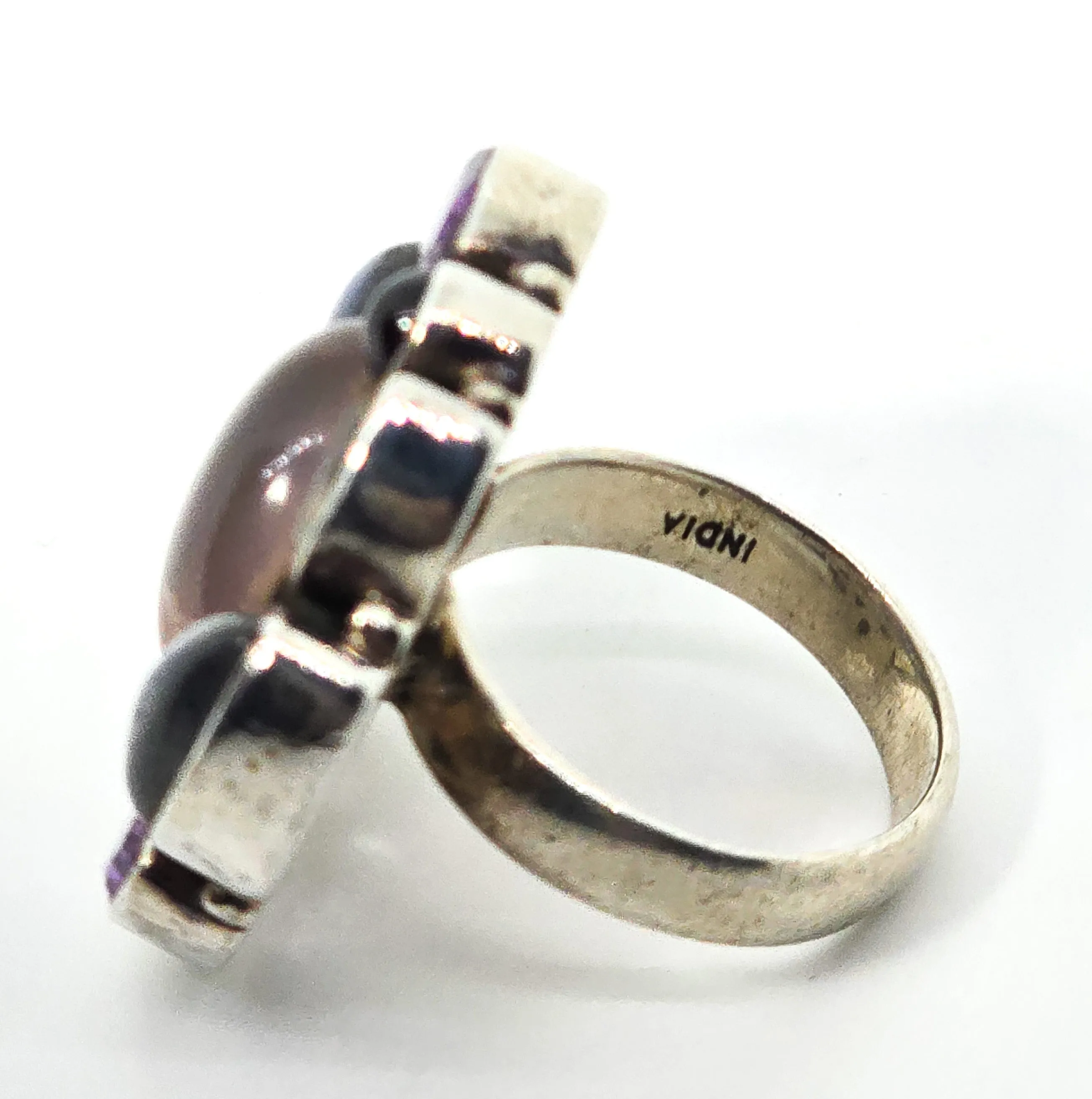 Large gemstone quartz, labradorite, moonstone, amethyst sterling silver ring size 6
