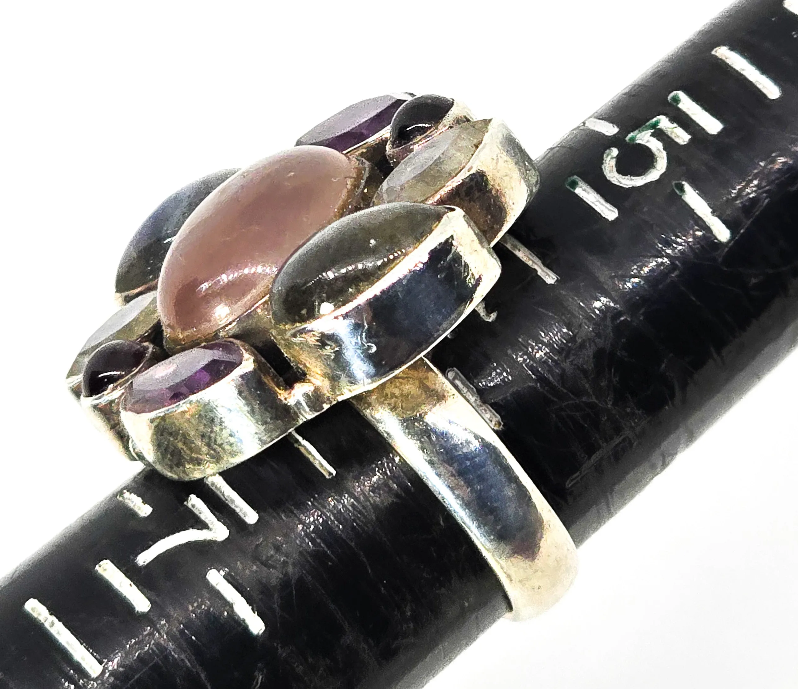 Large gemstone quartz, labradorite, moonstone, amethyst sterling silver ring size 6