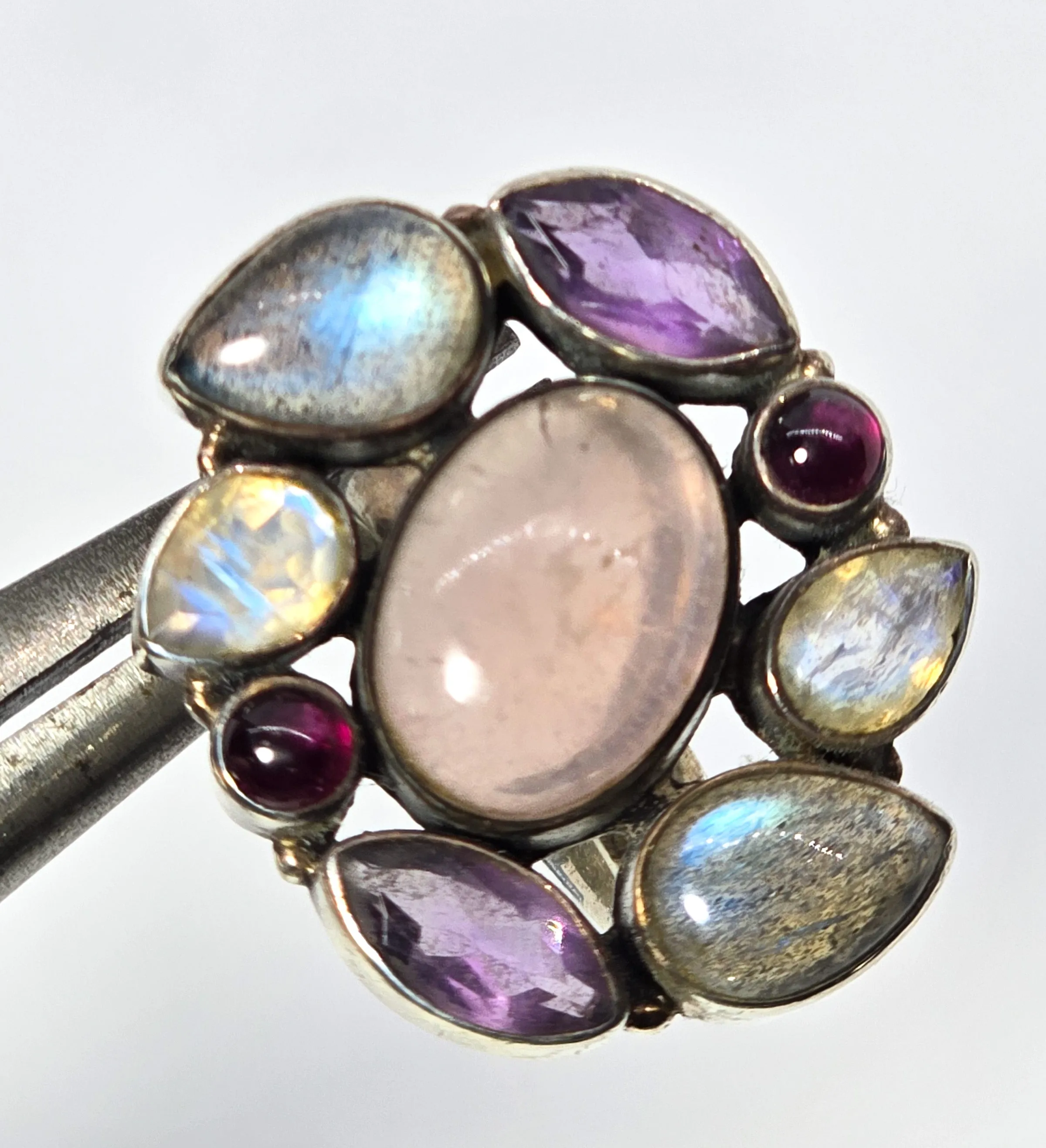 Large gemstone quartz, labradorite, moonstone, amethyst sterling silver ring size 6