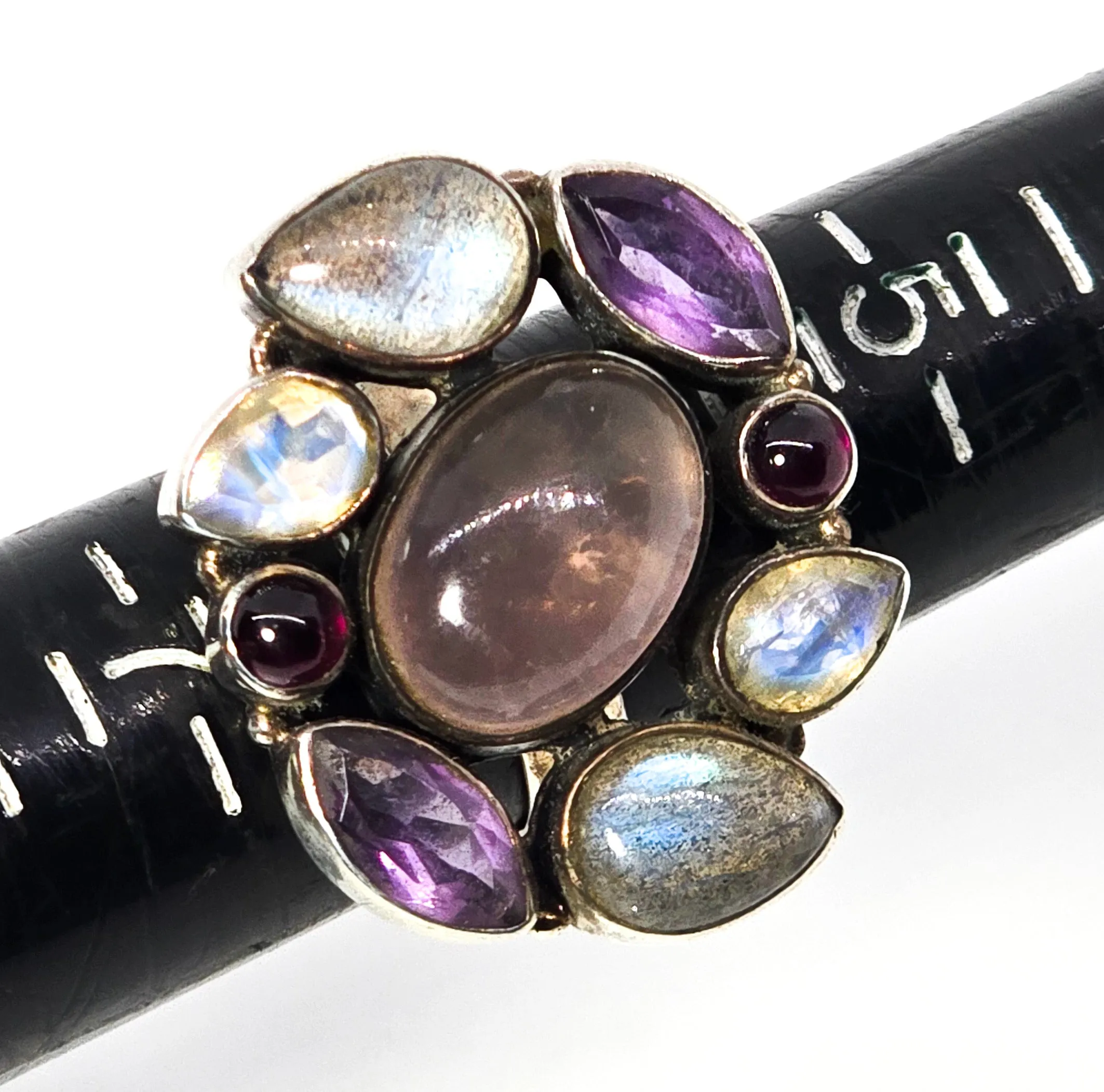 Large gemstone quartz, labradorite, moonstone, amethyst sterling silver ring size 6