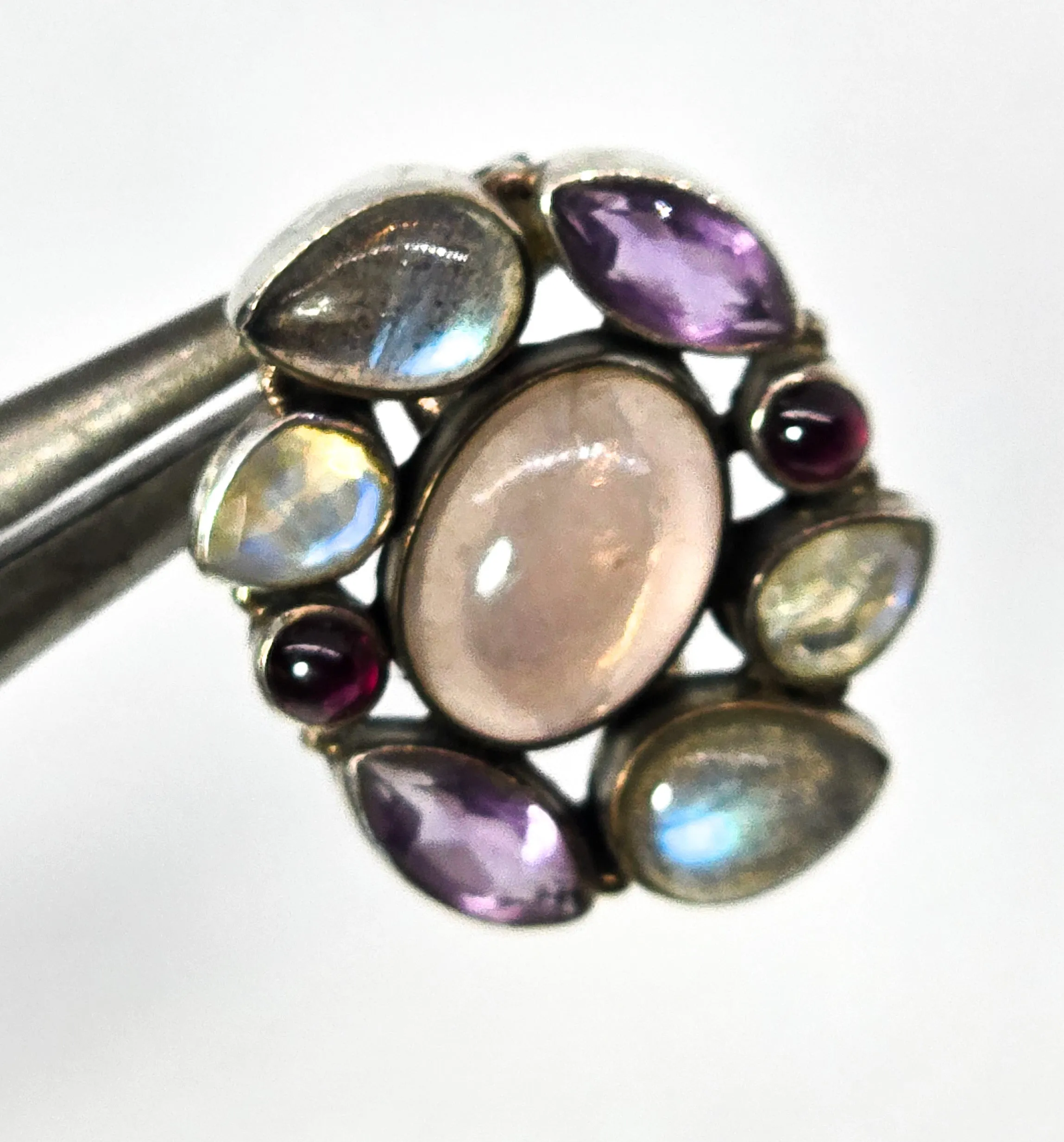 Large gemstone quartz, labradorite, moonstone, amethyst sterling silver ring size 6