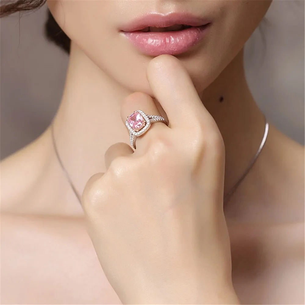Large Pink Stone 925 Sterling Sliver Bride Woman's Rings Earrings Necklace Jewelry Set