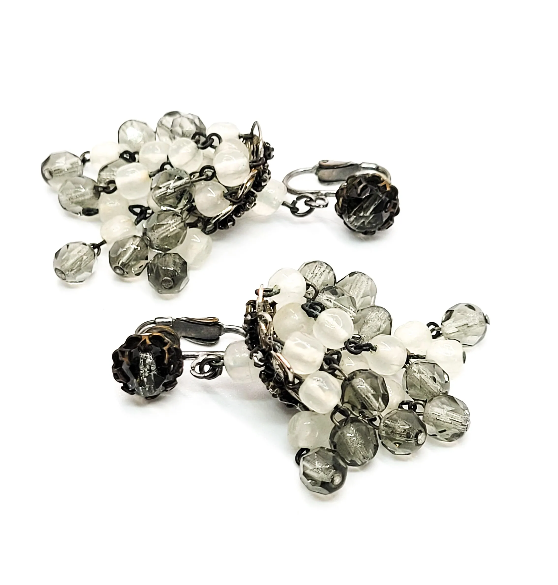 Large Smokey vintage chandelier glass beaded and rhinestone clip on earrings