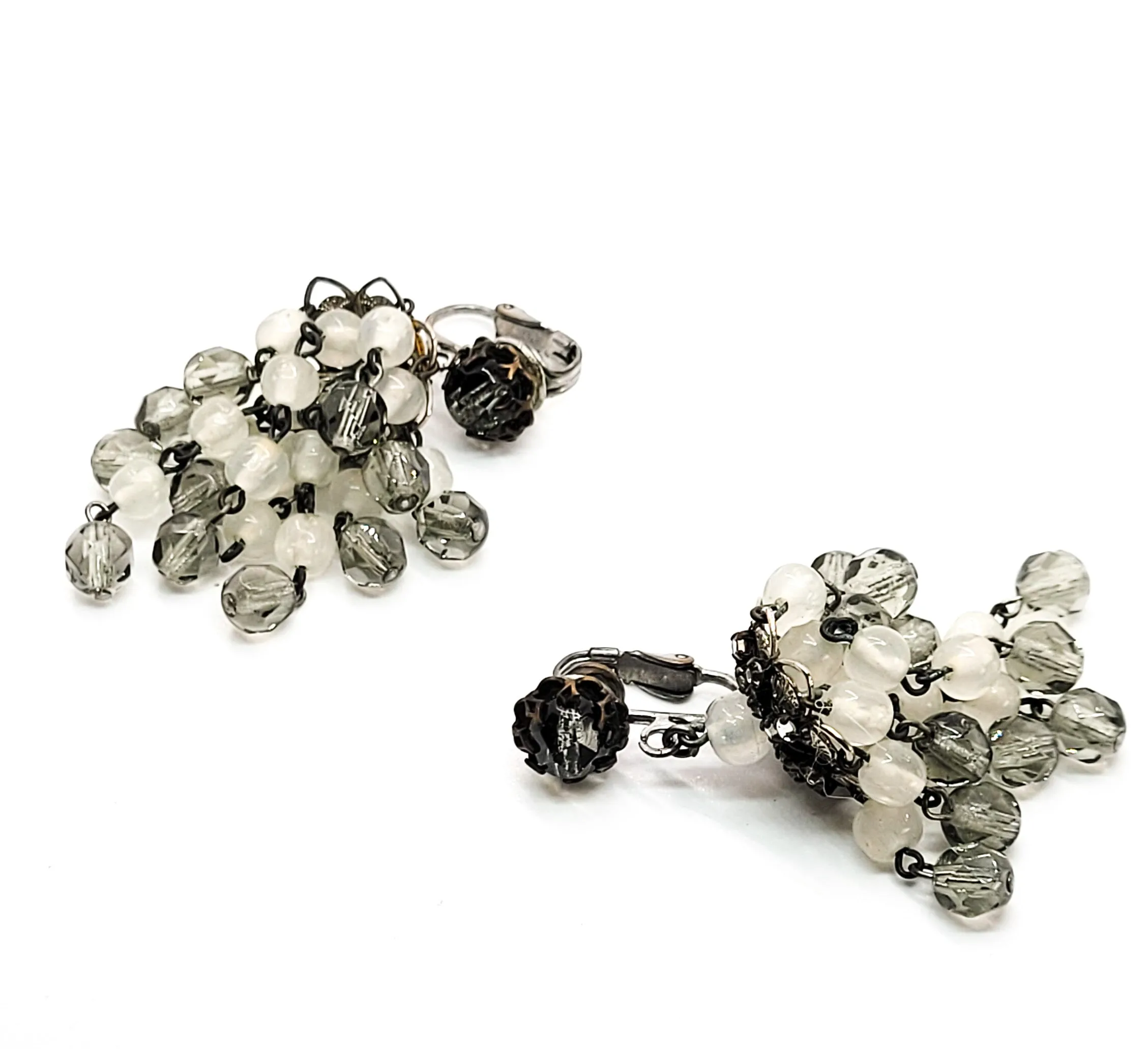 Large Smokey vintage chandelier glass beaded and rhinestone clip on earrings