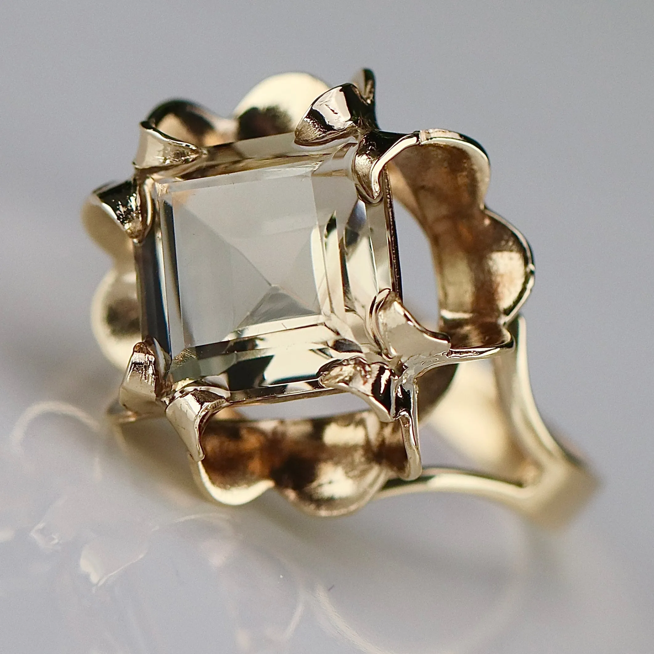 Large vintage step cut smokey quartz in yellow gold ring