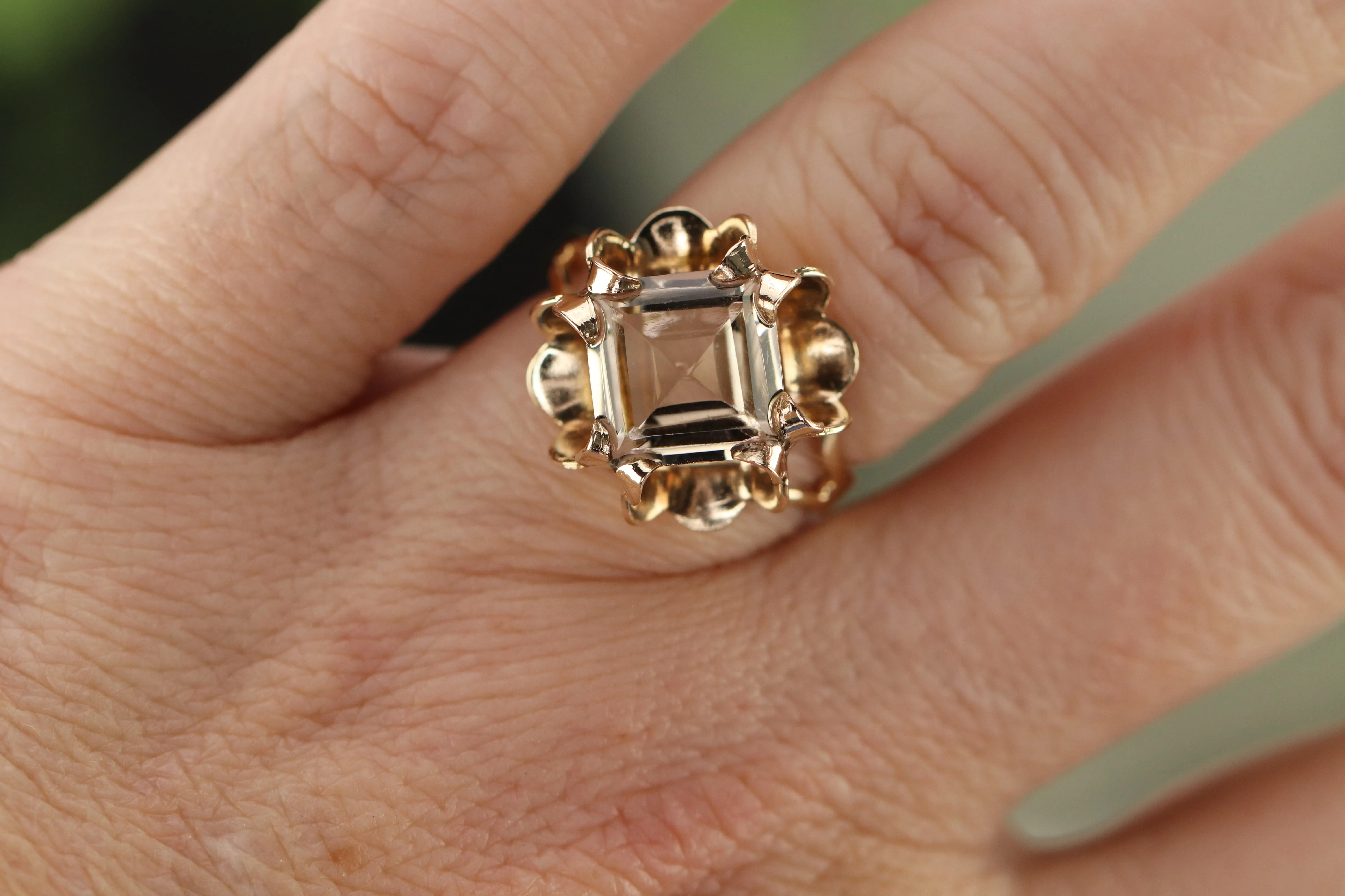 Large vintage step cut smokey quartz in yellow gold ring