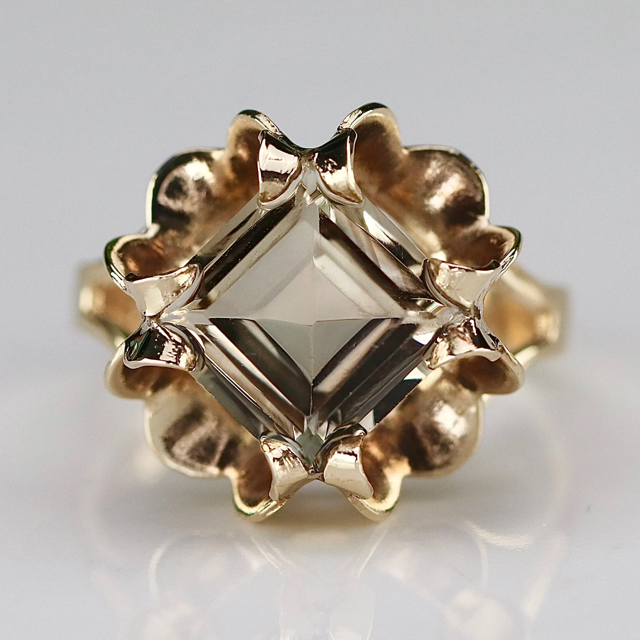Large vintage step cut smokey quartz in yellow gold ring