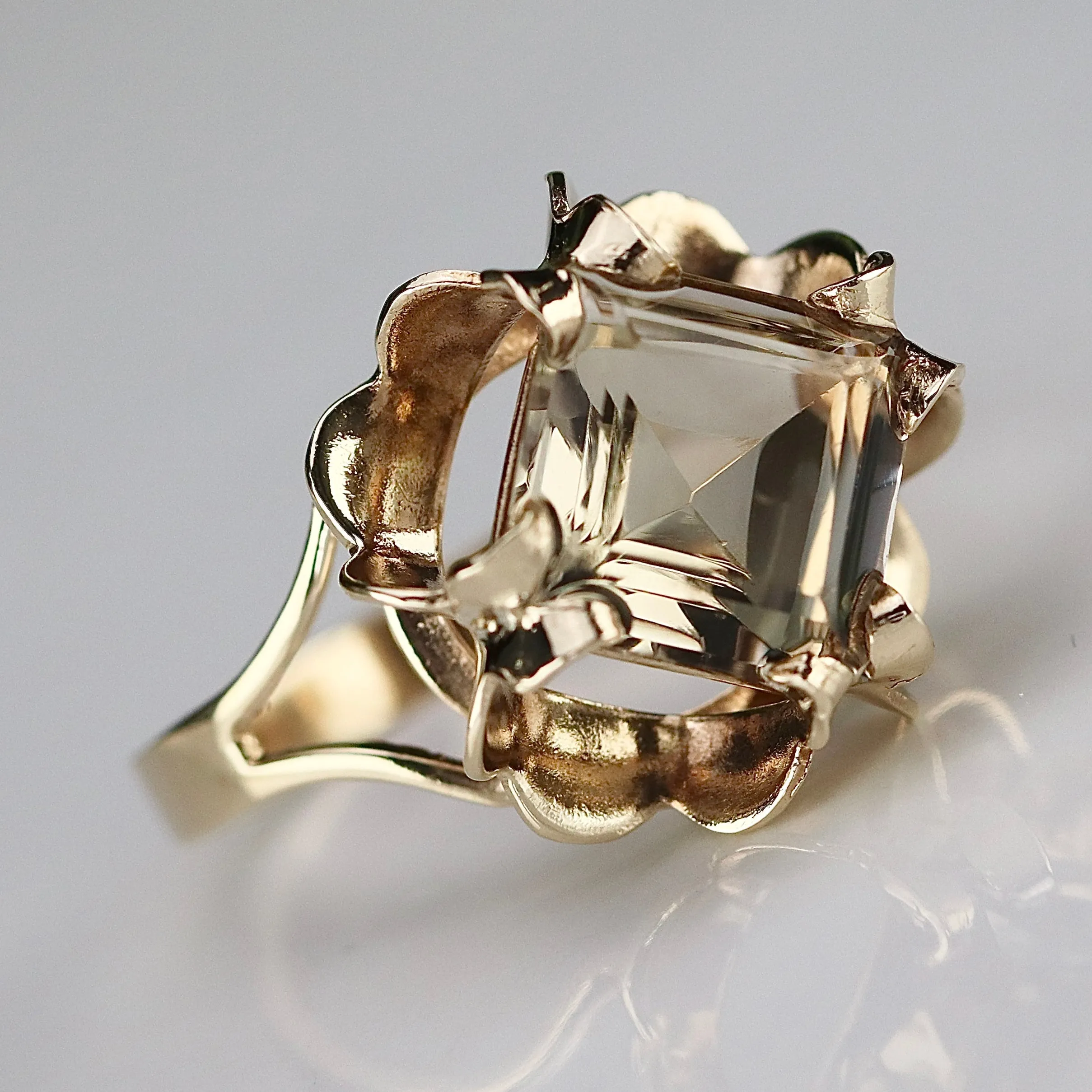 Large vintage step cut smokey quartz in yellow gold ring