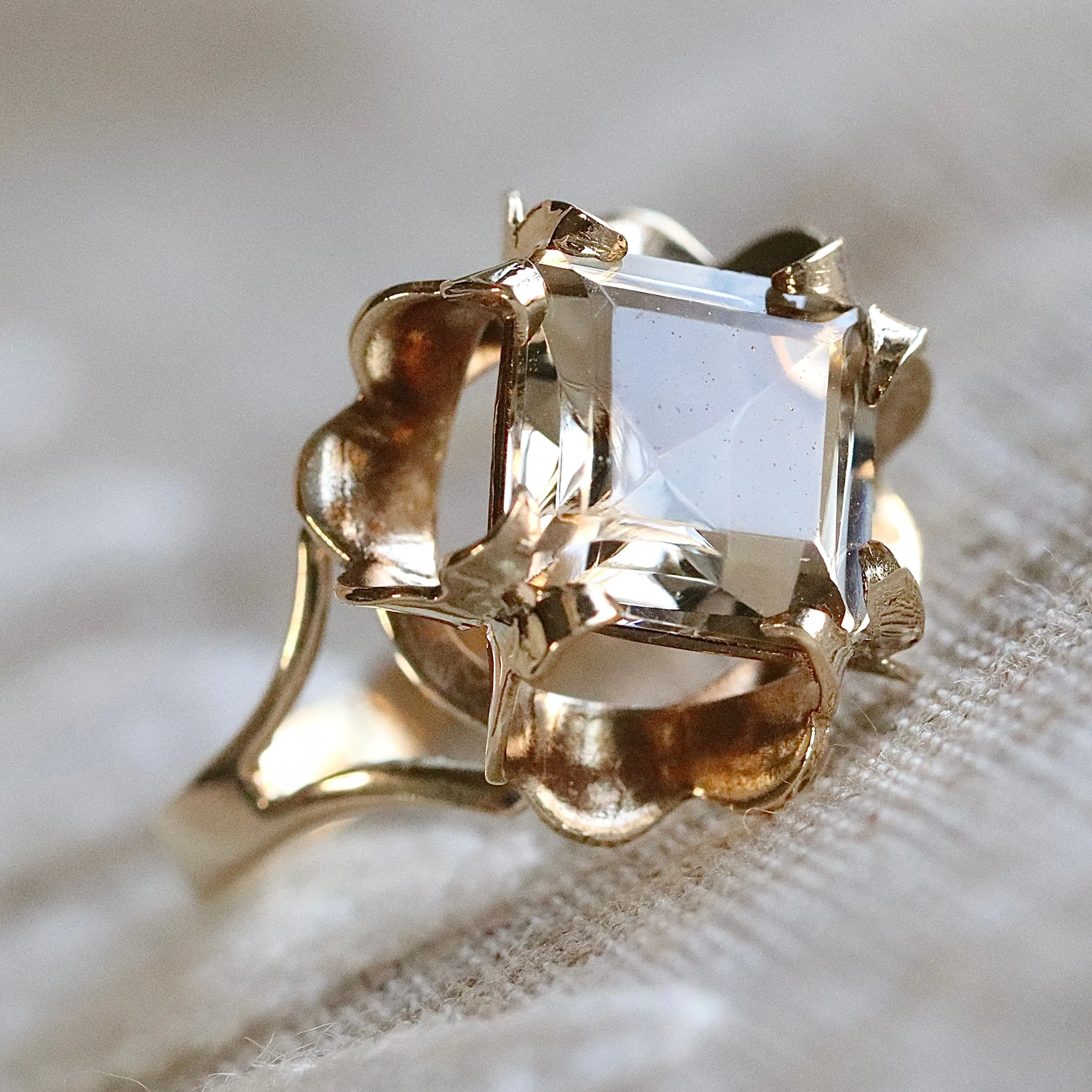 Large vintage step cut smokey quartz in yellow gold ring