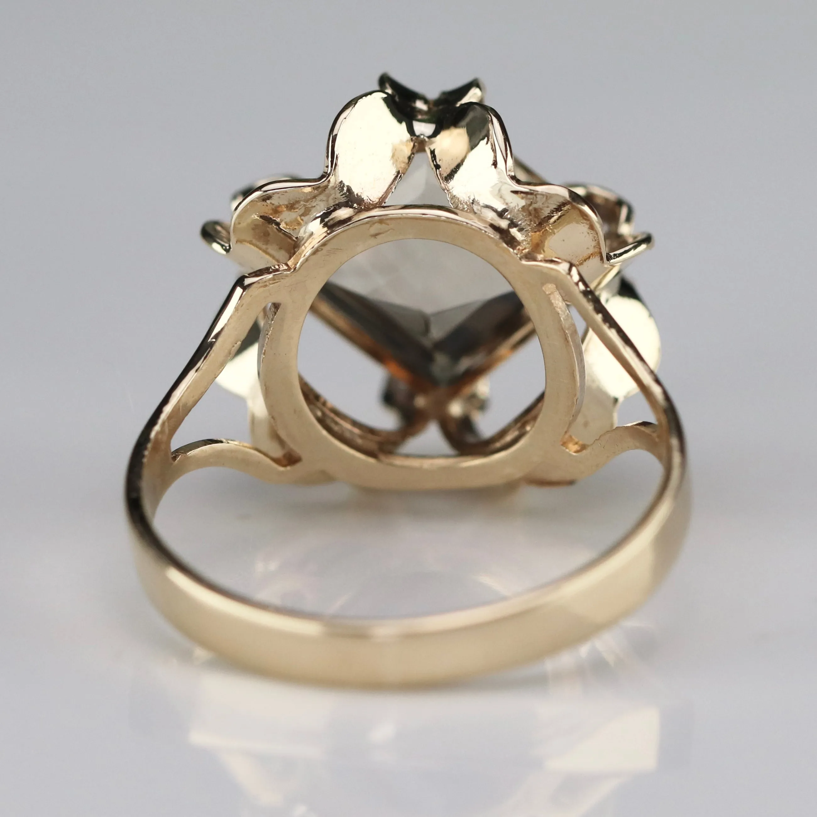 Large vintage step cut smokey quartz in yellow gold ring