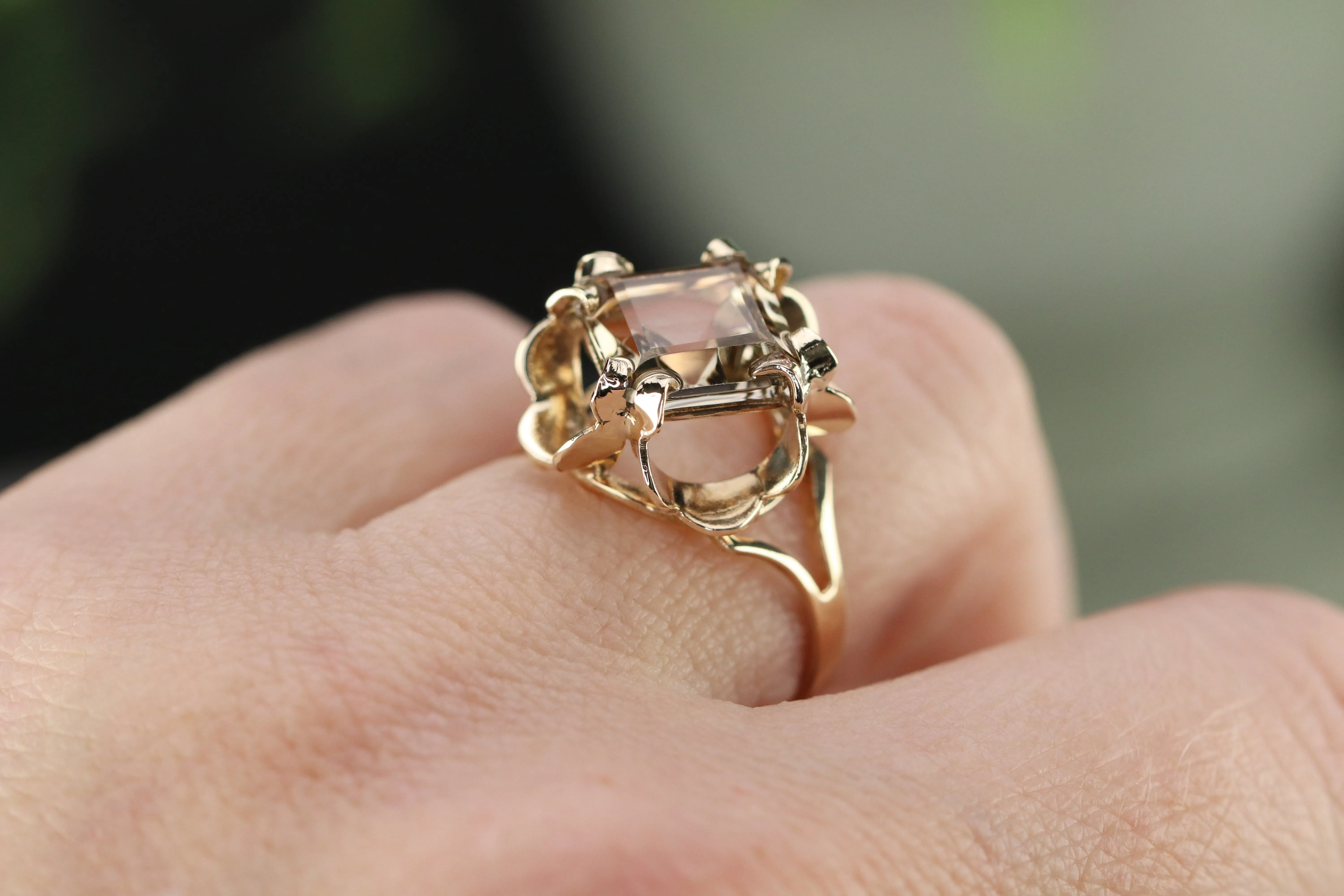 Large vintage step cut smokey quartz in yellow gold ring