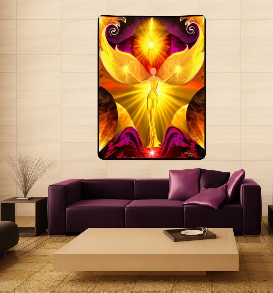 Large Yellow Fairy Art Tapestry, Fleece Angel Baby Blanket - "The Becoming"