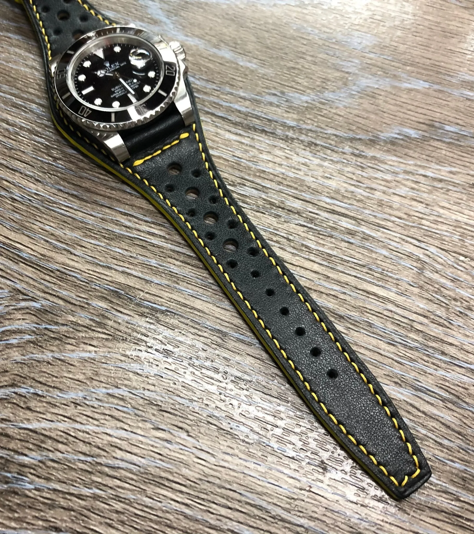 Leather Watch Straps, Full Bund Straps, Black Leather Rally and Racing Watch Straps in 19mm 20mm, Leather Cuff Watch Bands, Personalise Christmas Gift