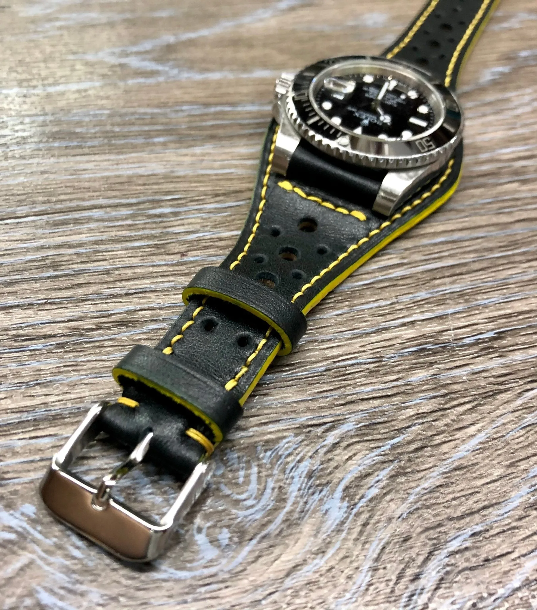 Leather Watch Straps, Full Bund Straps, Black Leather Rally and Racing Watch Straps in 19mm 20mm, Leather Cuff Watch Bands, Personalise Christmas Gift