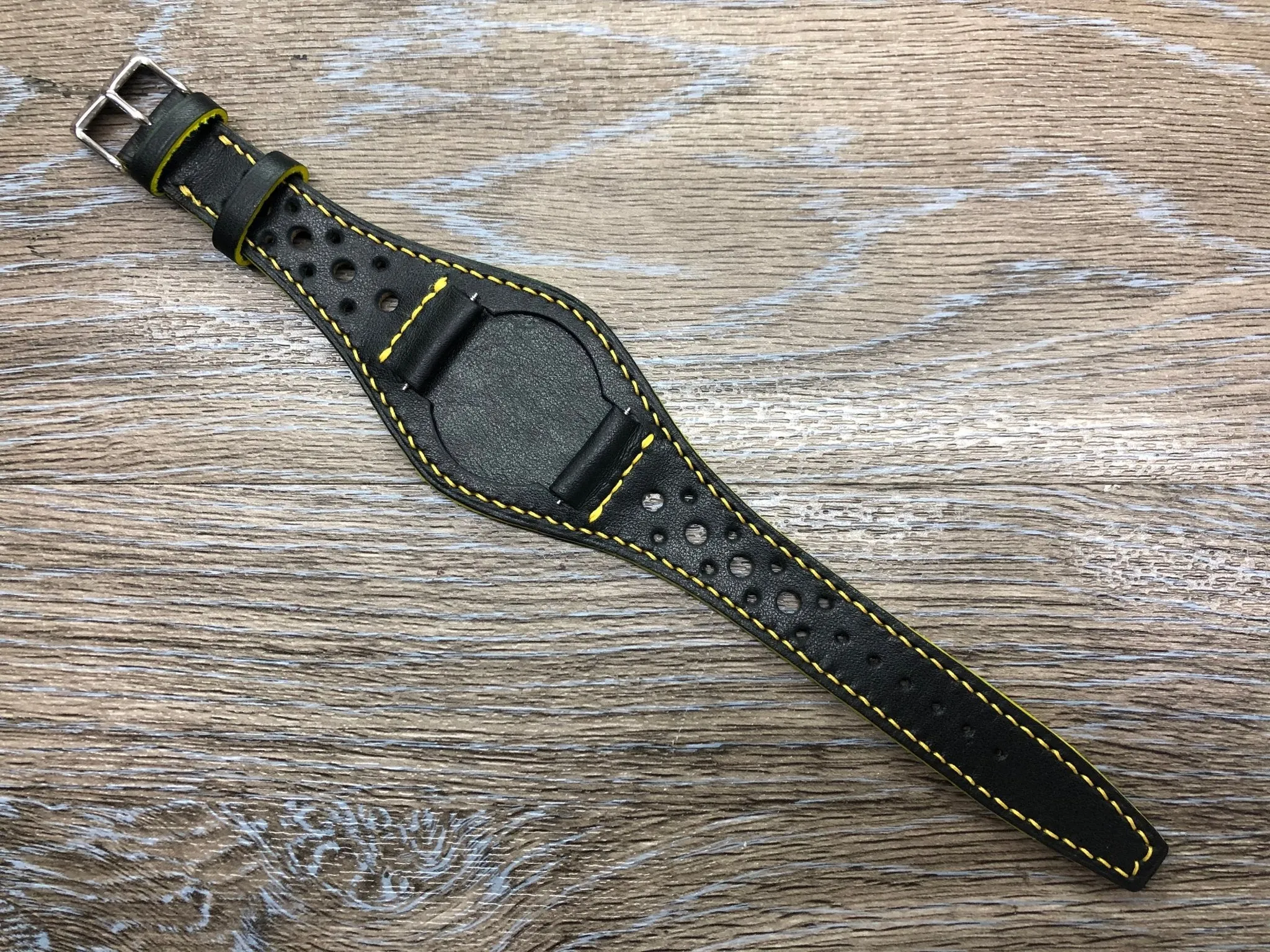 Leather Watch Straps, Full Bund Straps, Black Leather Rally and Racing Watch Straps in 19mm 20mm, Leather Cuff Watch Bands, Personalise Christmas Gift