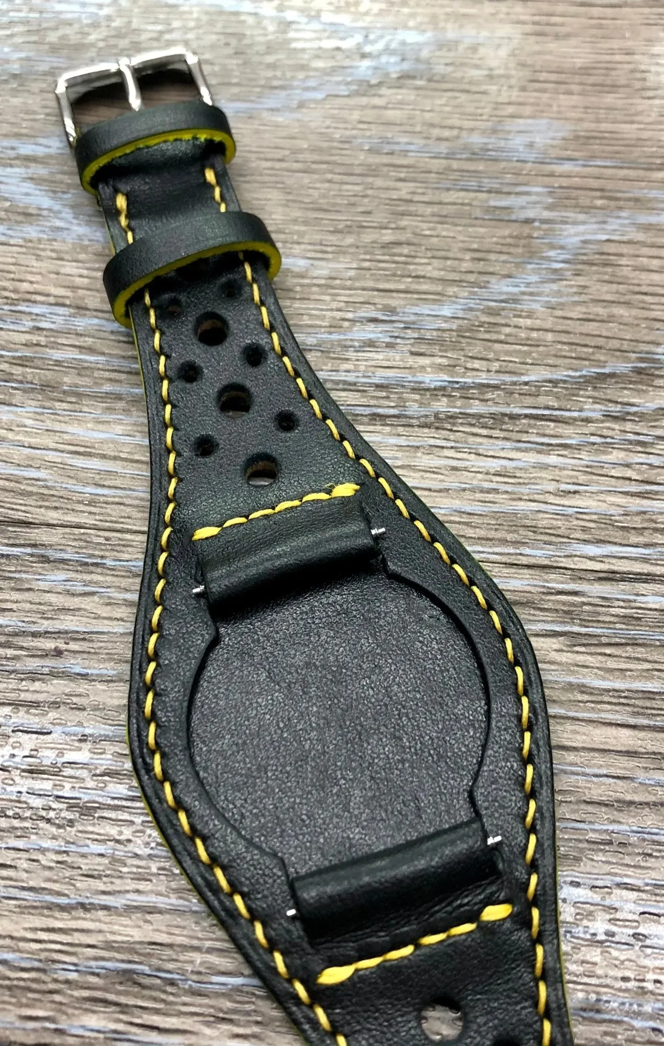 Leather Watch Straps, Full Bund Straps, Black Leather Rally and Racing Watch Straps in 19mm 20mm, Leather Cuff Watch Bands, Personalise Christmas Gift