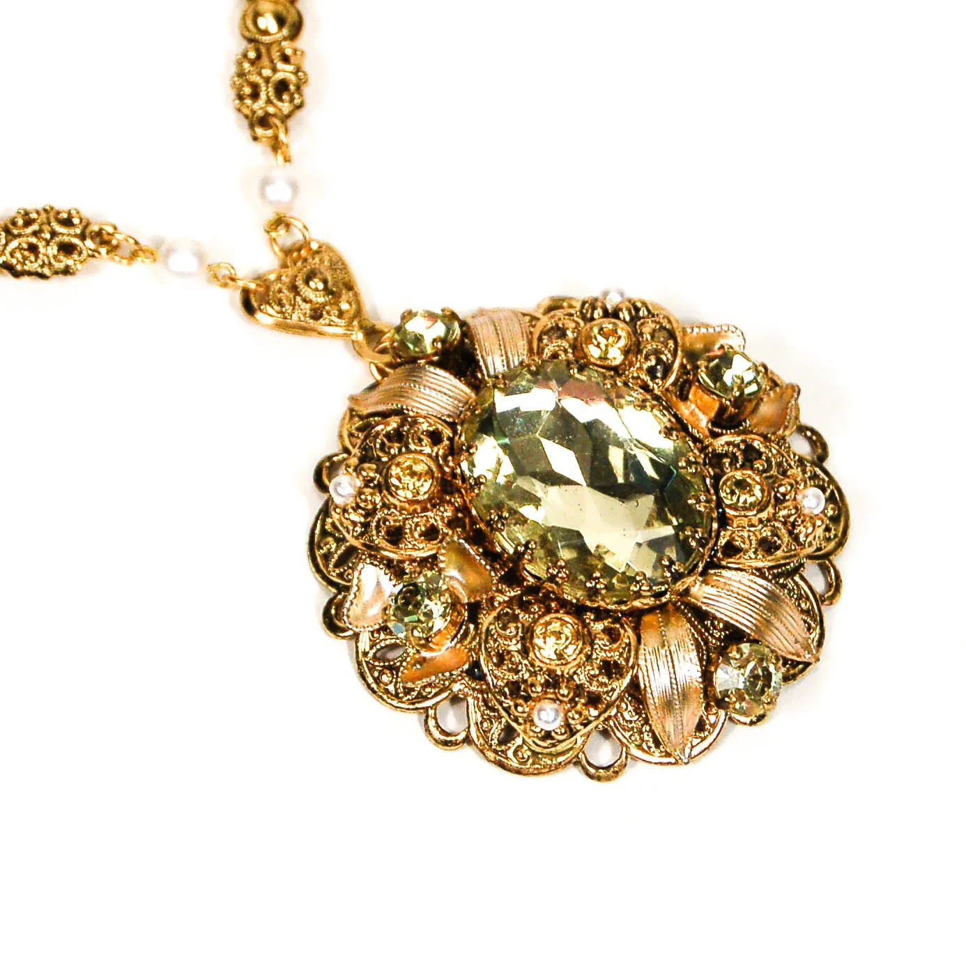 Lemon Quartz Filigree Rhinestone Necklace and Earrings Set