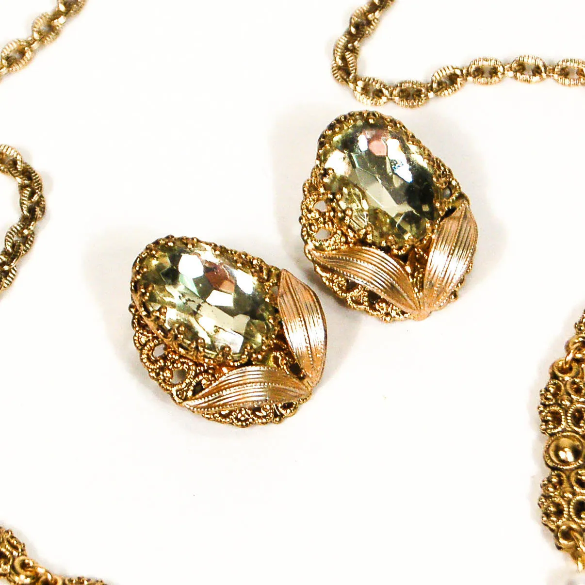 Lemon Quartz Filigree Rhinestone Necklace and Earrings Set
