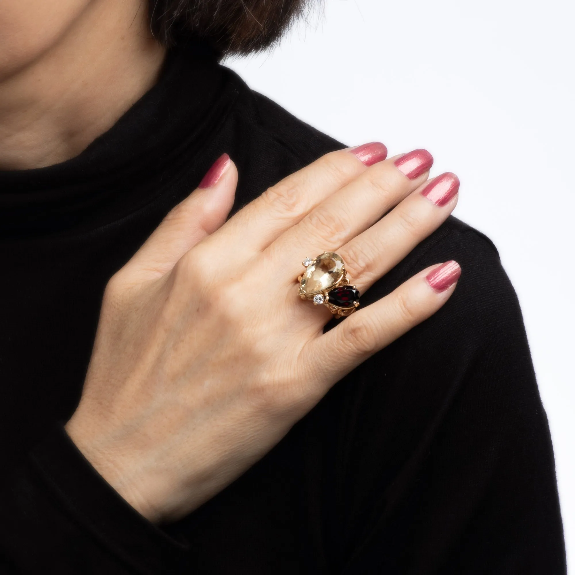 Lemon Quartz Garnet Diamond Abstract Ring Vintage 14k Yellow Gold 5.25 Jewelry