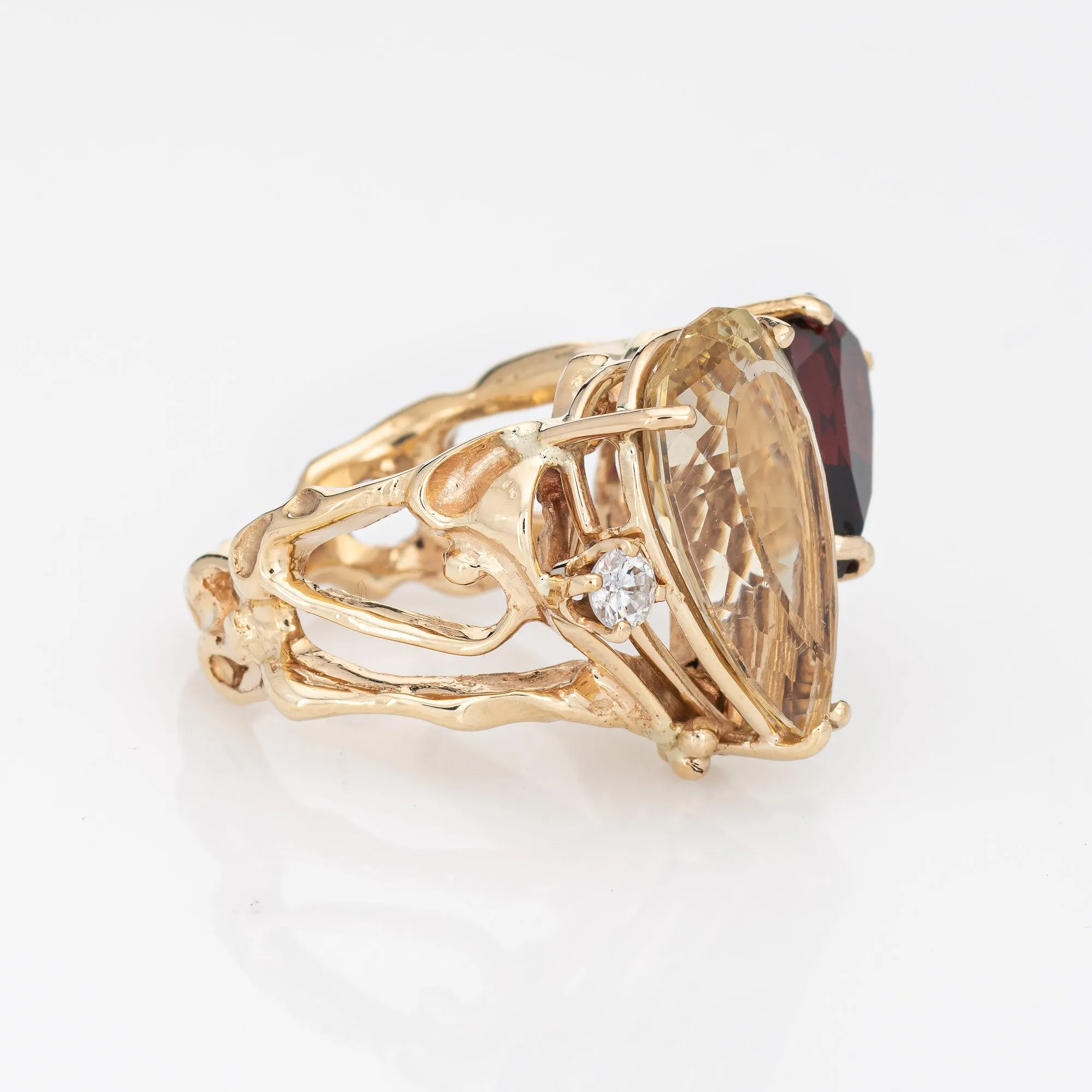 Lemon Quartz Garnet Diamond Abstract Ring Vintage 14k Yellow Gold 5.25 Jewelry