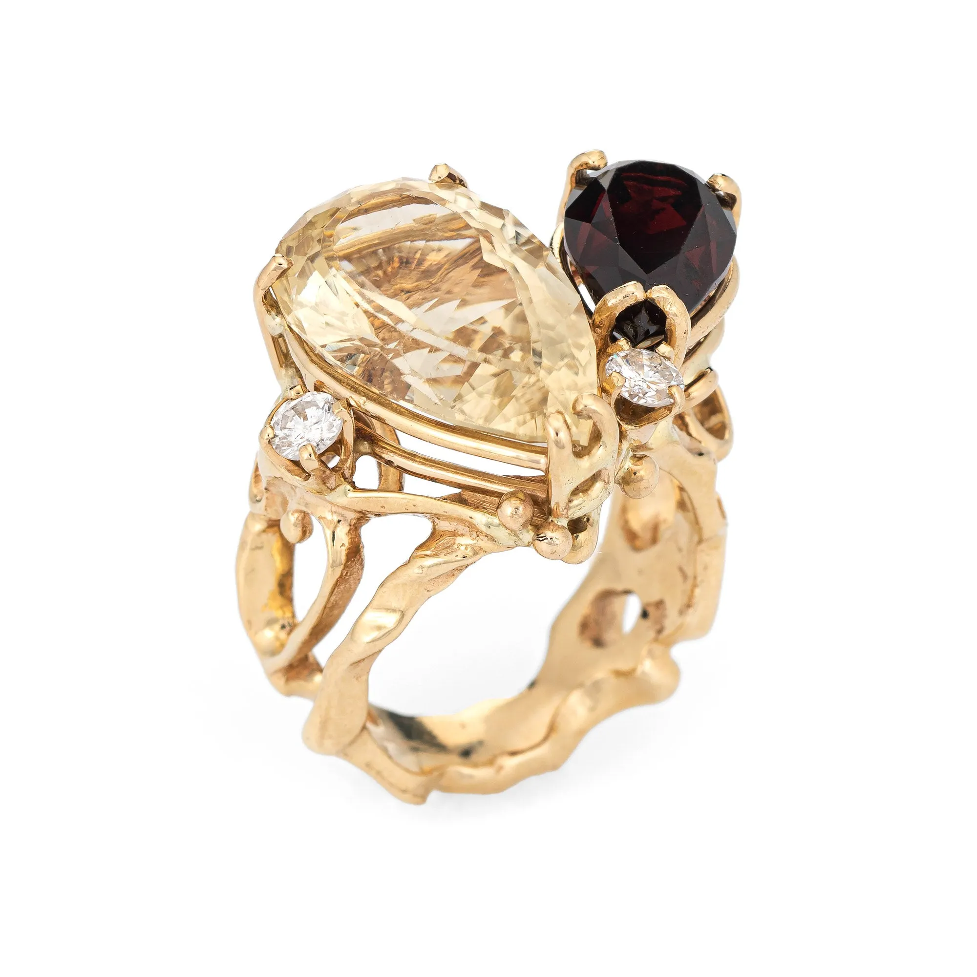 Lemon Quartz Garnet Diamond Abstract Ring Vintage 14k Yellow Gold 5.25 Jewelry