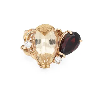 Lemon Quartz Garnet Diamond Abstract Ring Vintage 14k Yellow Gold 5.25 Jewelry