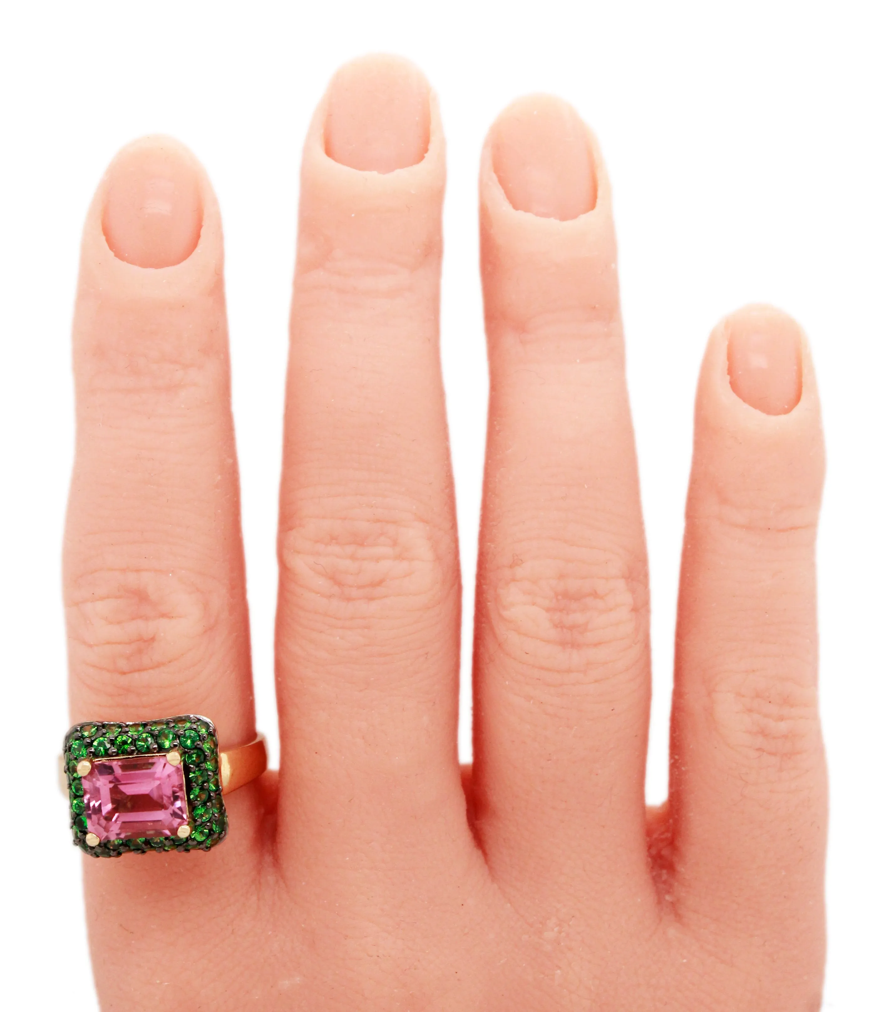 LeVian Pink Quartz & Tsavorite Cocktail Ring - 14k Yellow Gold Band
