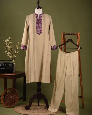Light Beige Winter Wear Wool Spun Blend Embroidered Ready To Wear Kurta With Pant